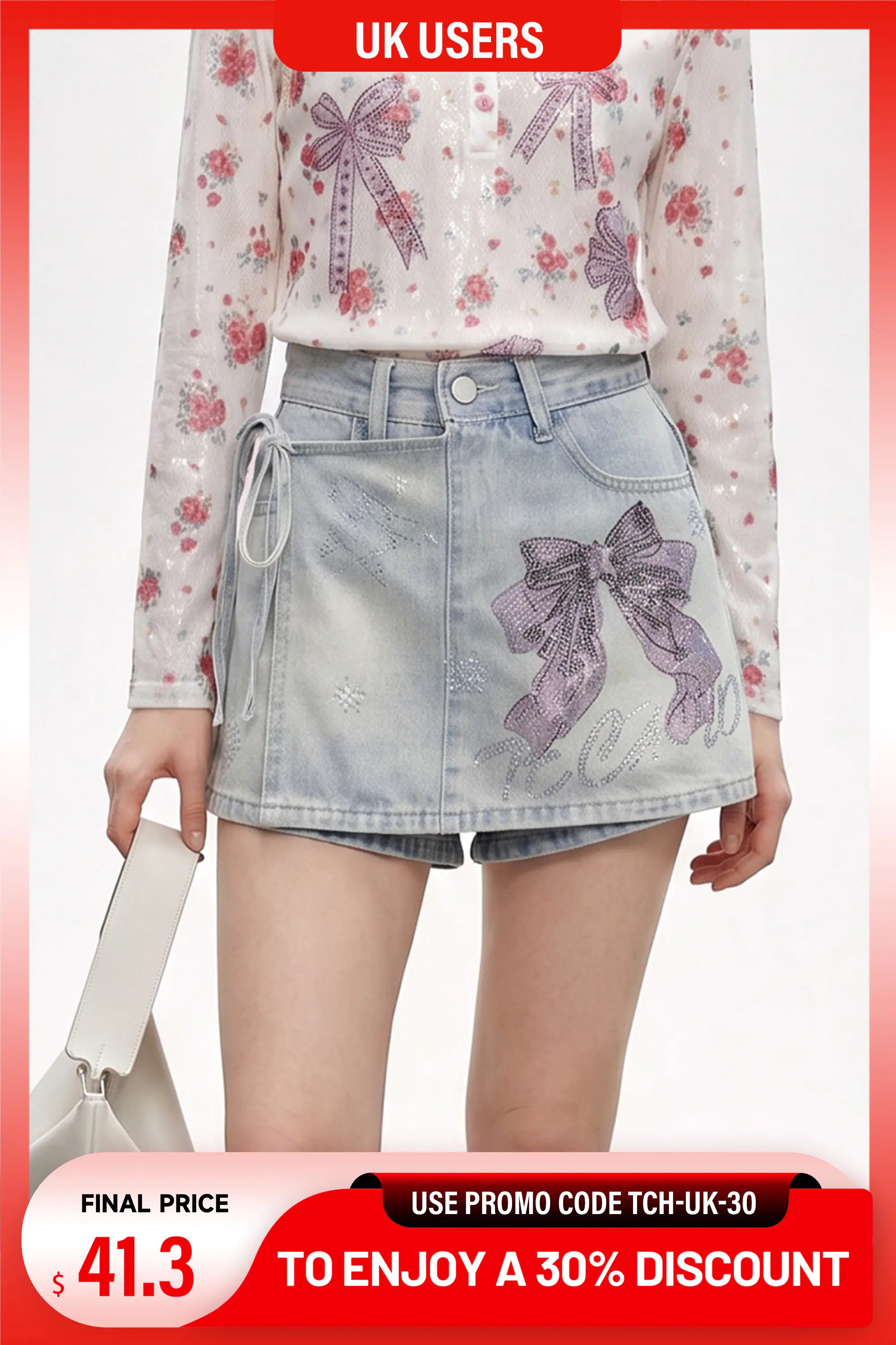 TCH Rhinestone Bow Light Wash Denim Shorts - UK