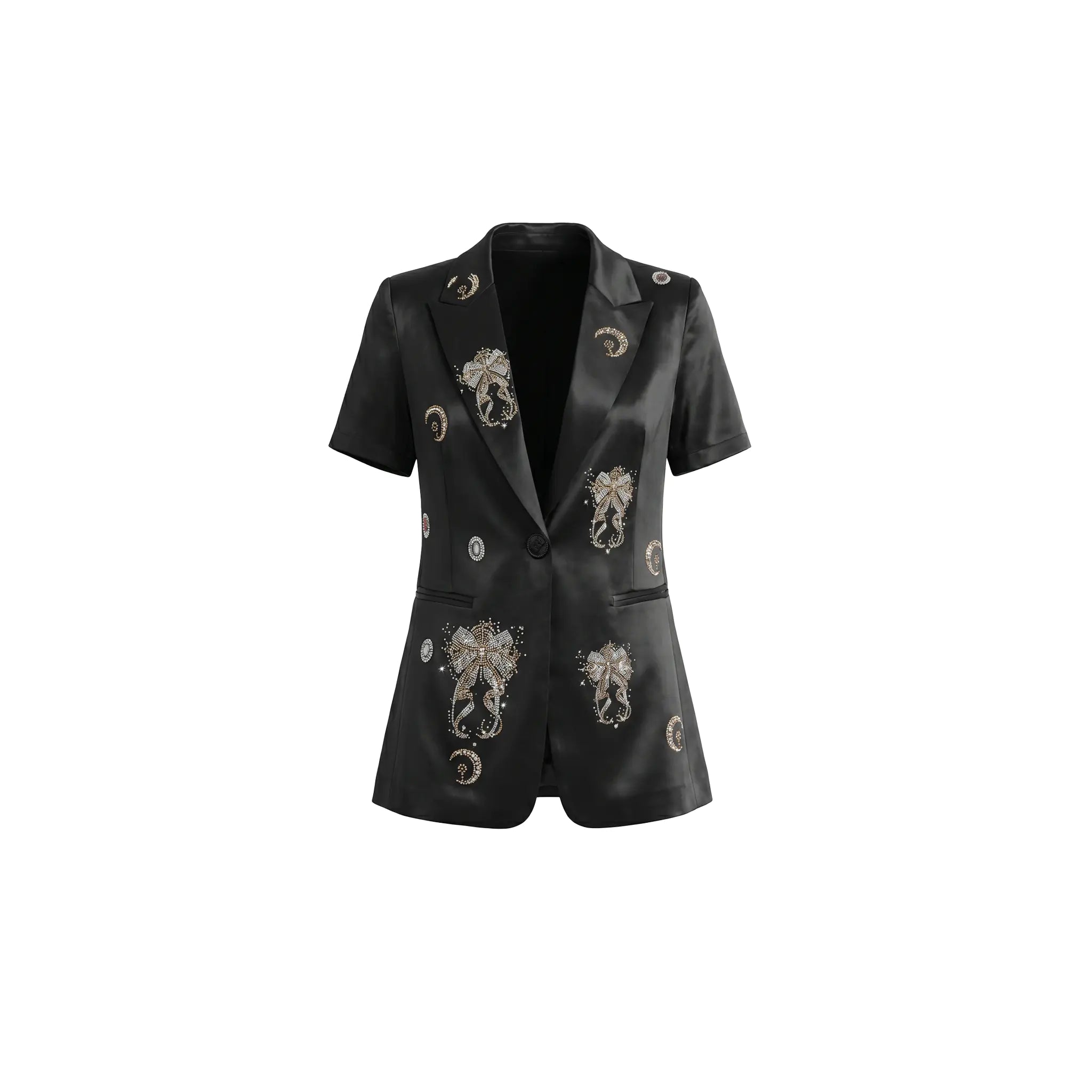 A black short-sleeve blazer jacket featuring metallic silver and gold celestial embroidery with crescent moons and floral motifs, displayed on a solid white background. TCH Rhinestone Bow Satin Blazer