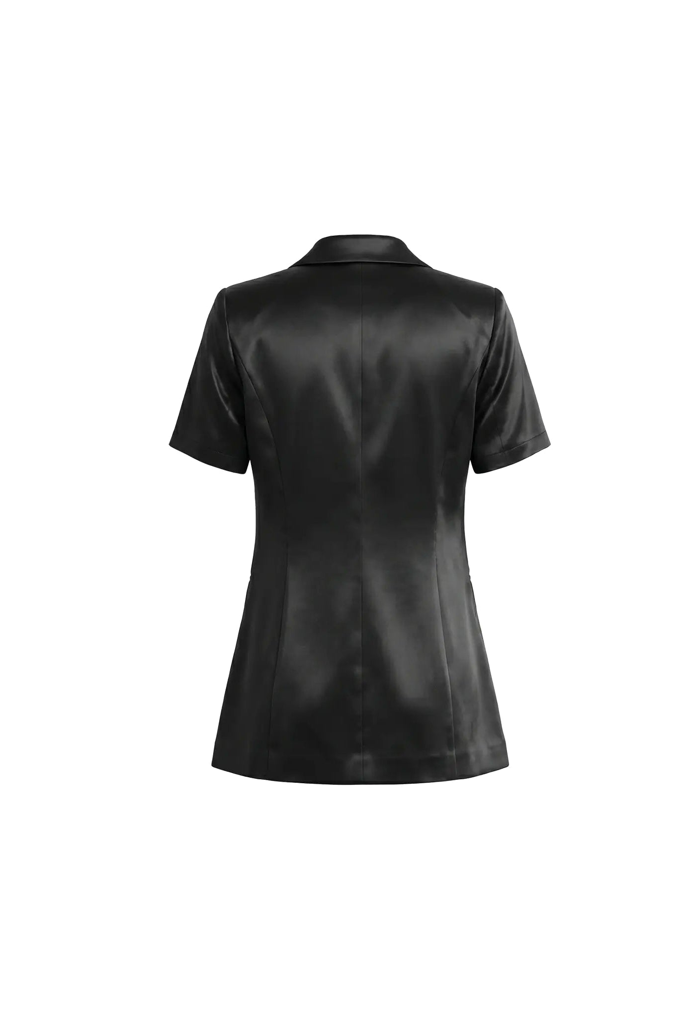 A black short-sleeve blazer with a smooth, slightly glossy finish, shown from the back against a plain white background. TCH Rhinestone Bow Satin Blazer