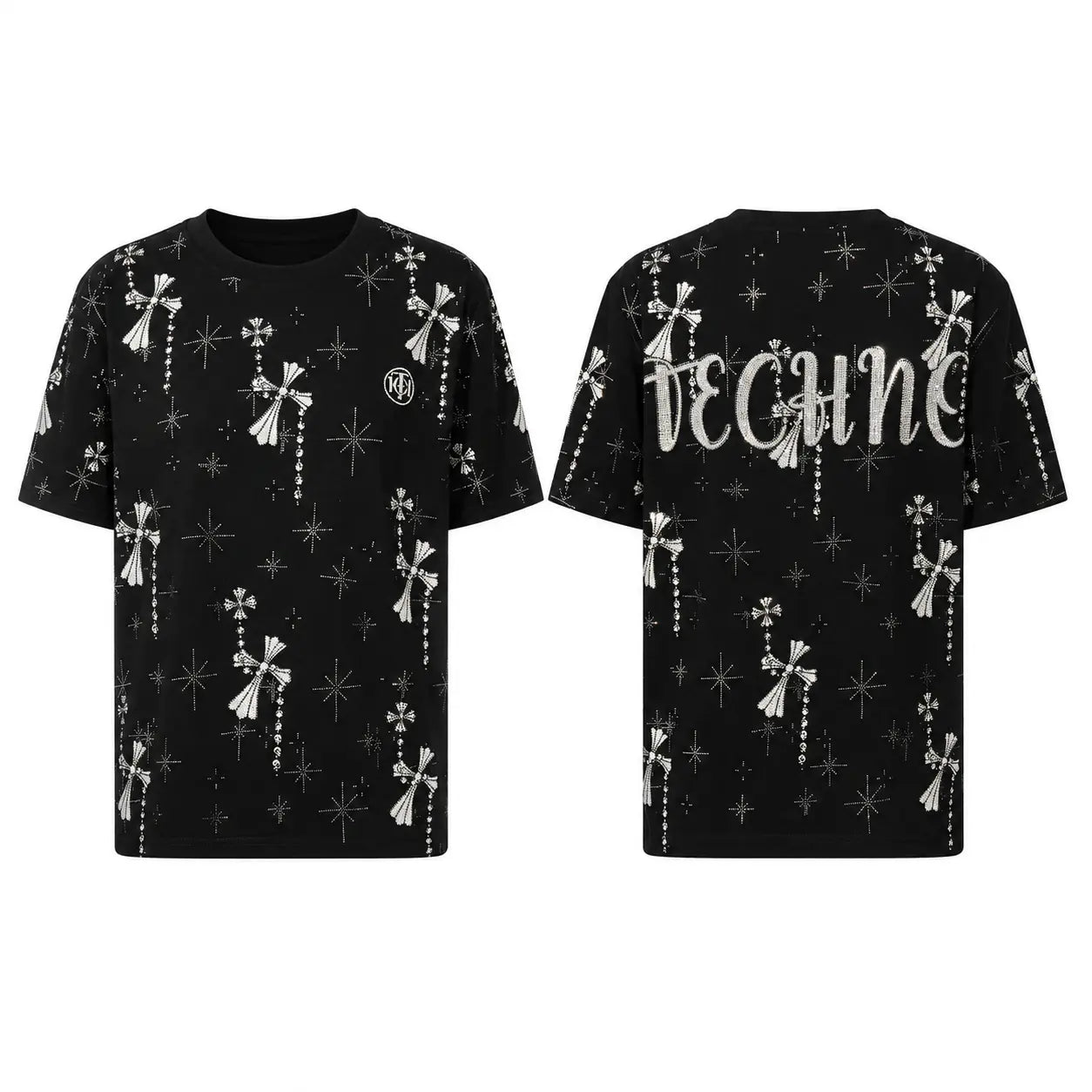 Black short-sleeve T-shirt shown from the front and back, featuring an allover white cross and starburst pattern, with large white gothic-style lettering on the back and a small circular chest emblem. TCH Rhinestone Bow Star Pattern Black T-Shirt