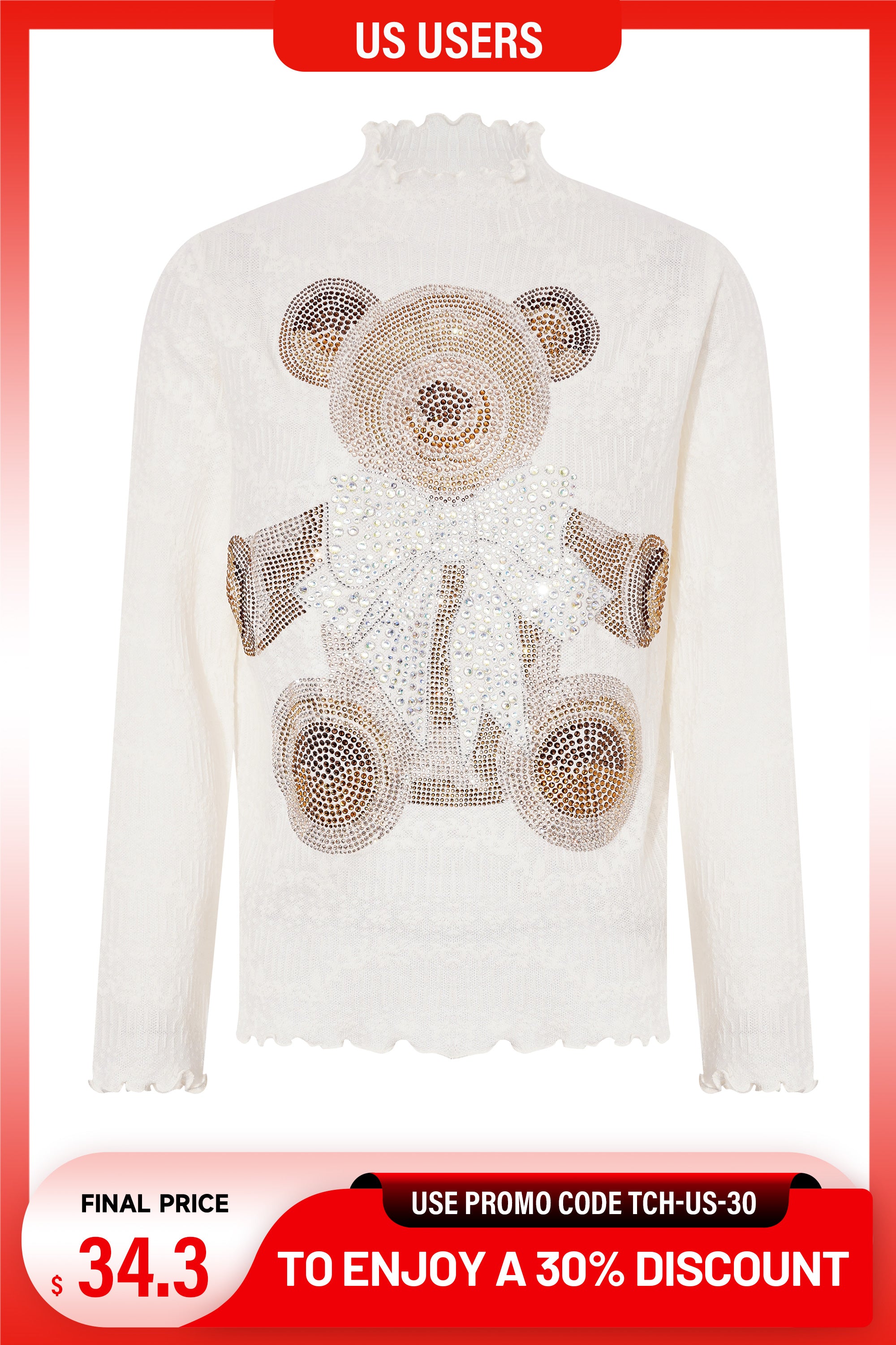 White sweater with teddy bear design on a white background, TCH Rhinestone Bow Teddy Bear White Turtleneck Top