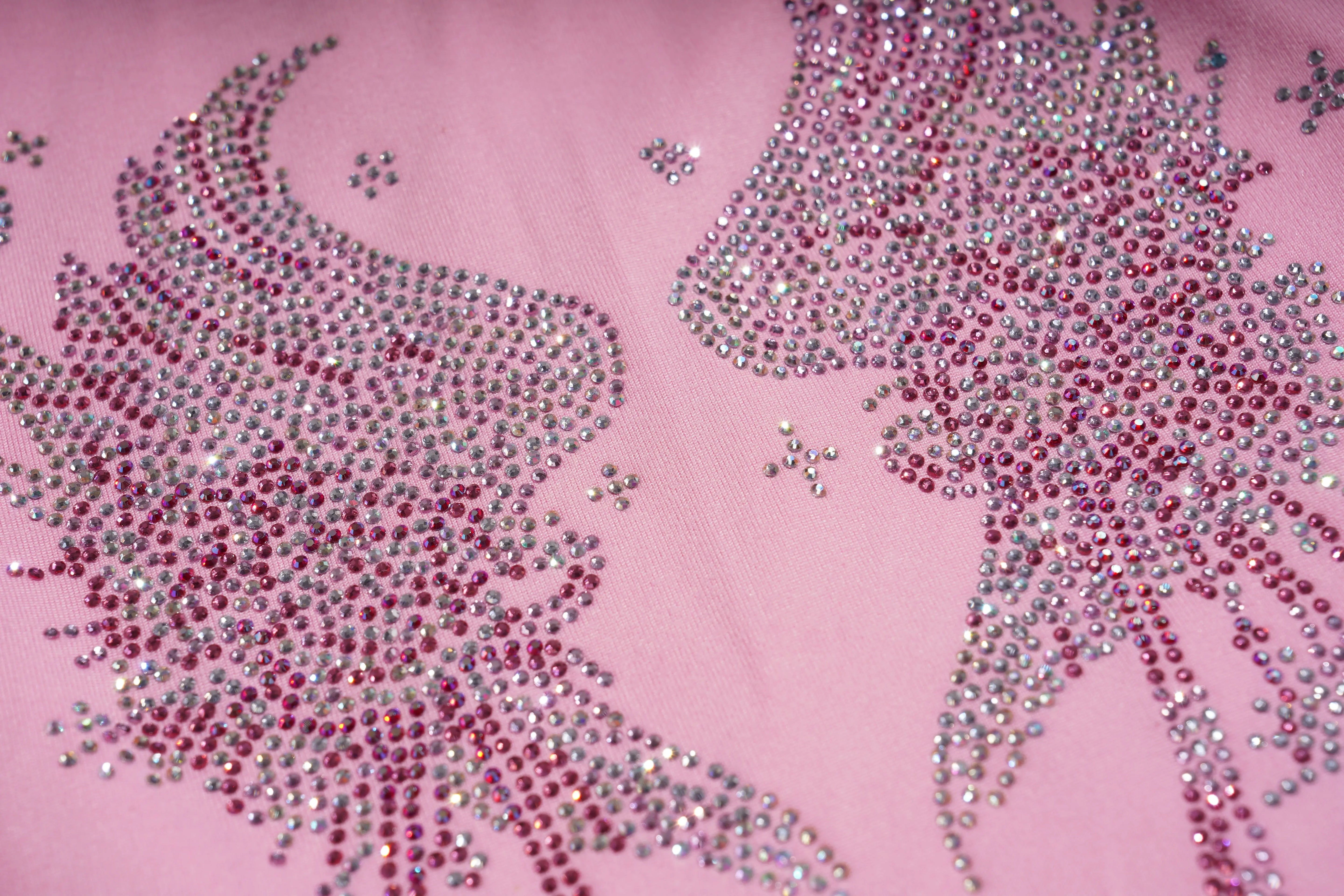 Pink fabric with decorative pink and silver rhinestone pattern, TCH Rhinestone Bow & Wing Set