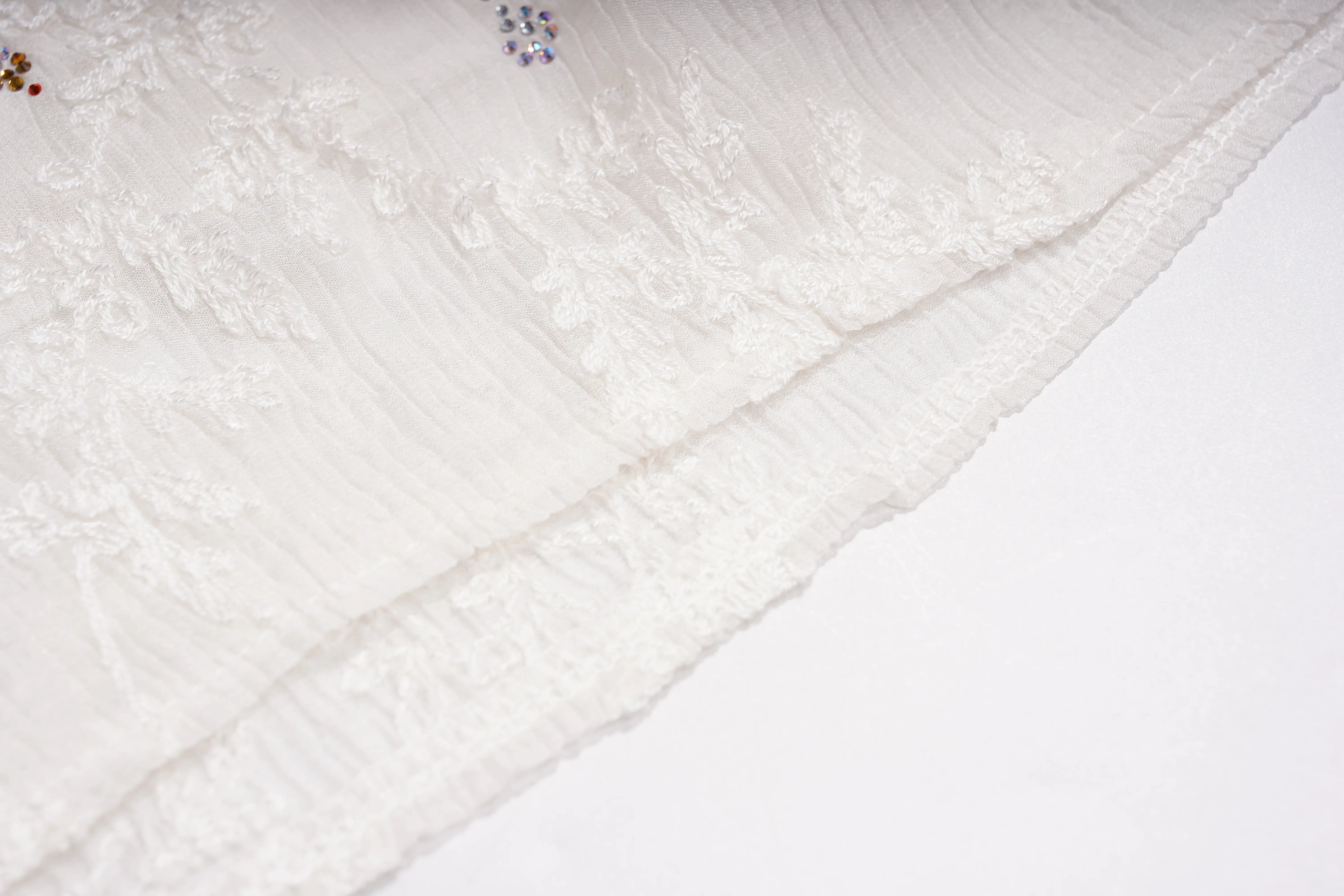 Close-up of a white lace and textured fabric with a ruffled edge, photographed on a plain white background. TCH Rhinestone Butterfly Bow Lace Blouse