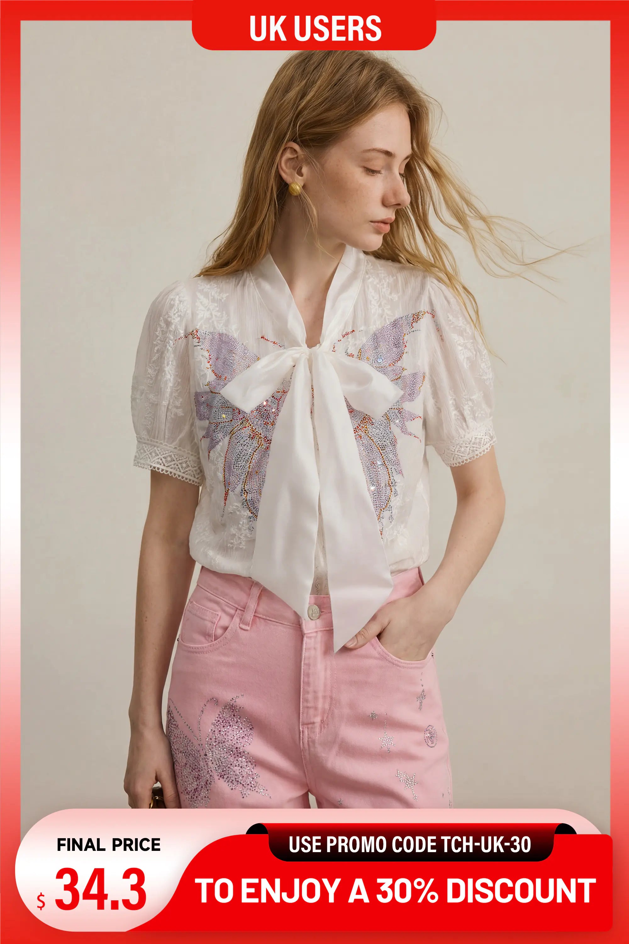 A woman wearing a white short-sleeve blouse with butterfly embroidery and a large bow at the collar, paired with pink jeans, against a light beige background. The image includes promotional text banners at the top and bottom. TCH Rhinestone Butterfly Bow Lace Blouse