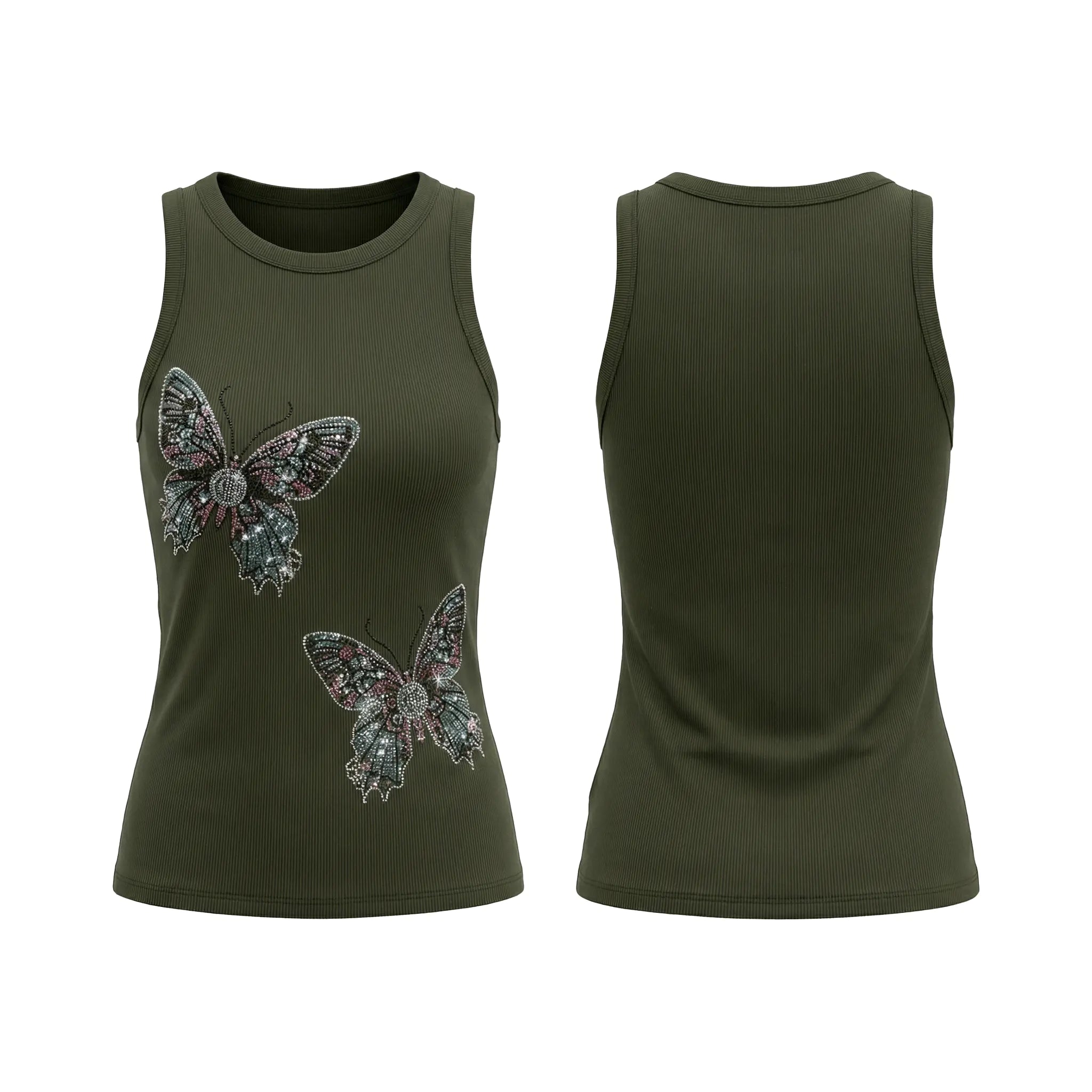 Green tank top with butterfly designs on a white background, TCH Rhinestone Butterfly Bow Tank Top