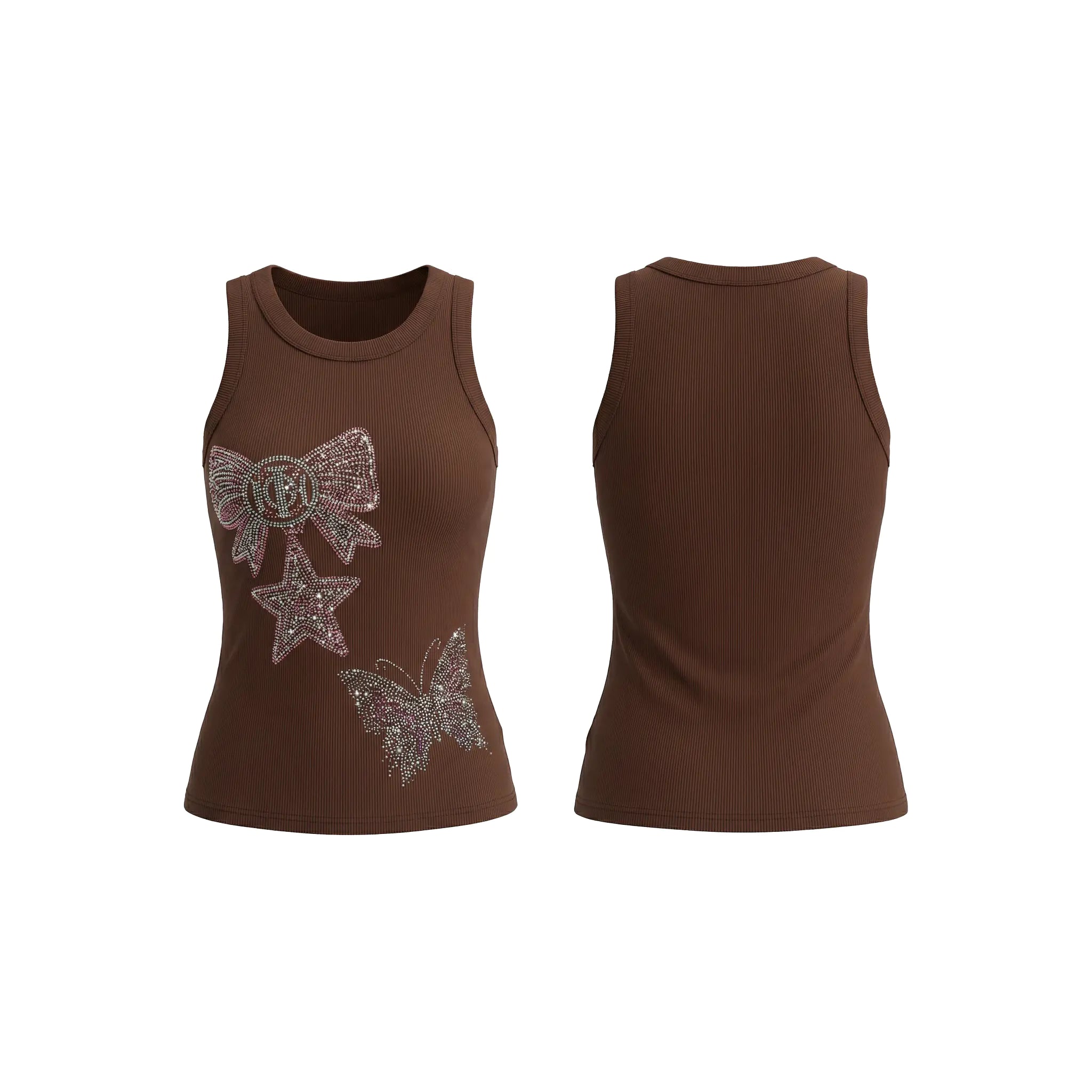 Brown tank top with decorative elements on a white background, TCH Rhinestone Butterfly Bow Tank Top