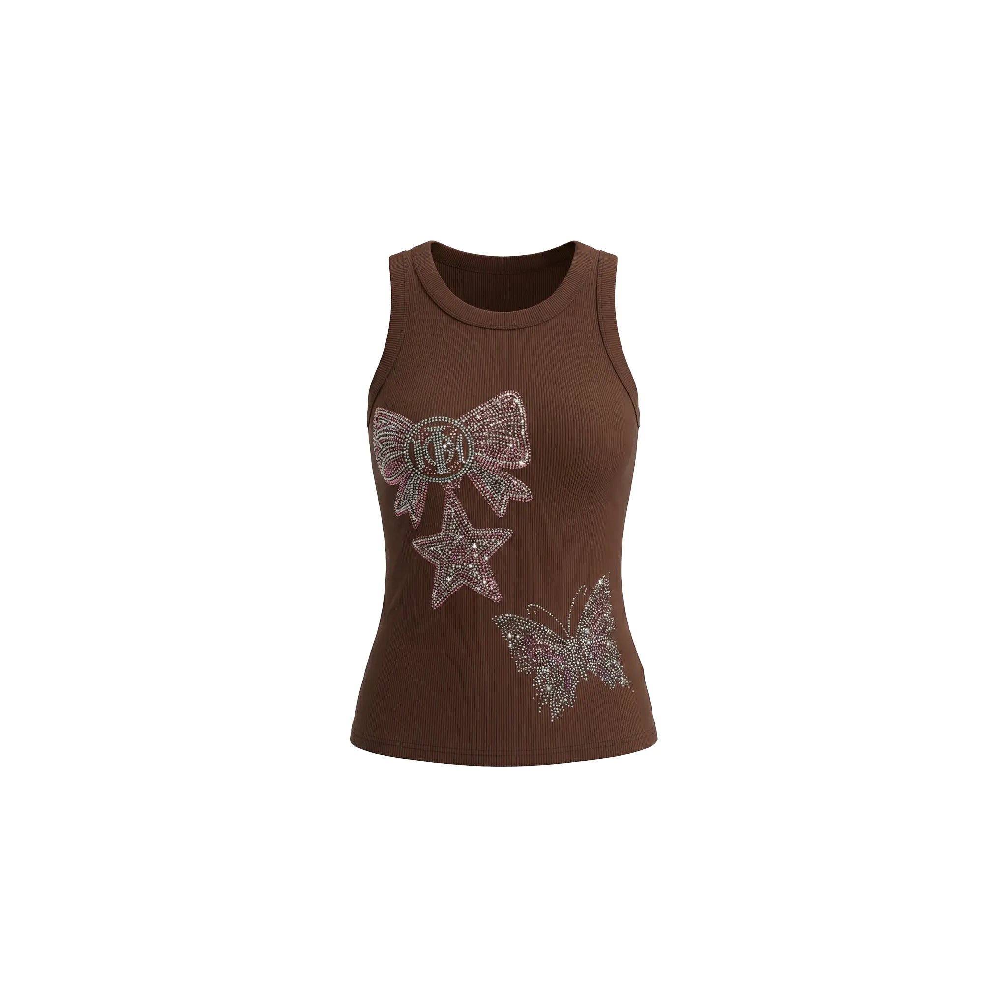 Brown tank top with decorative elements on a white background, TCH Rhinestone Butterfly Bow Tank Top