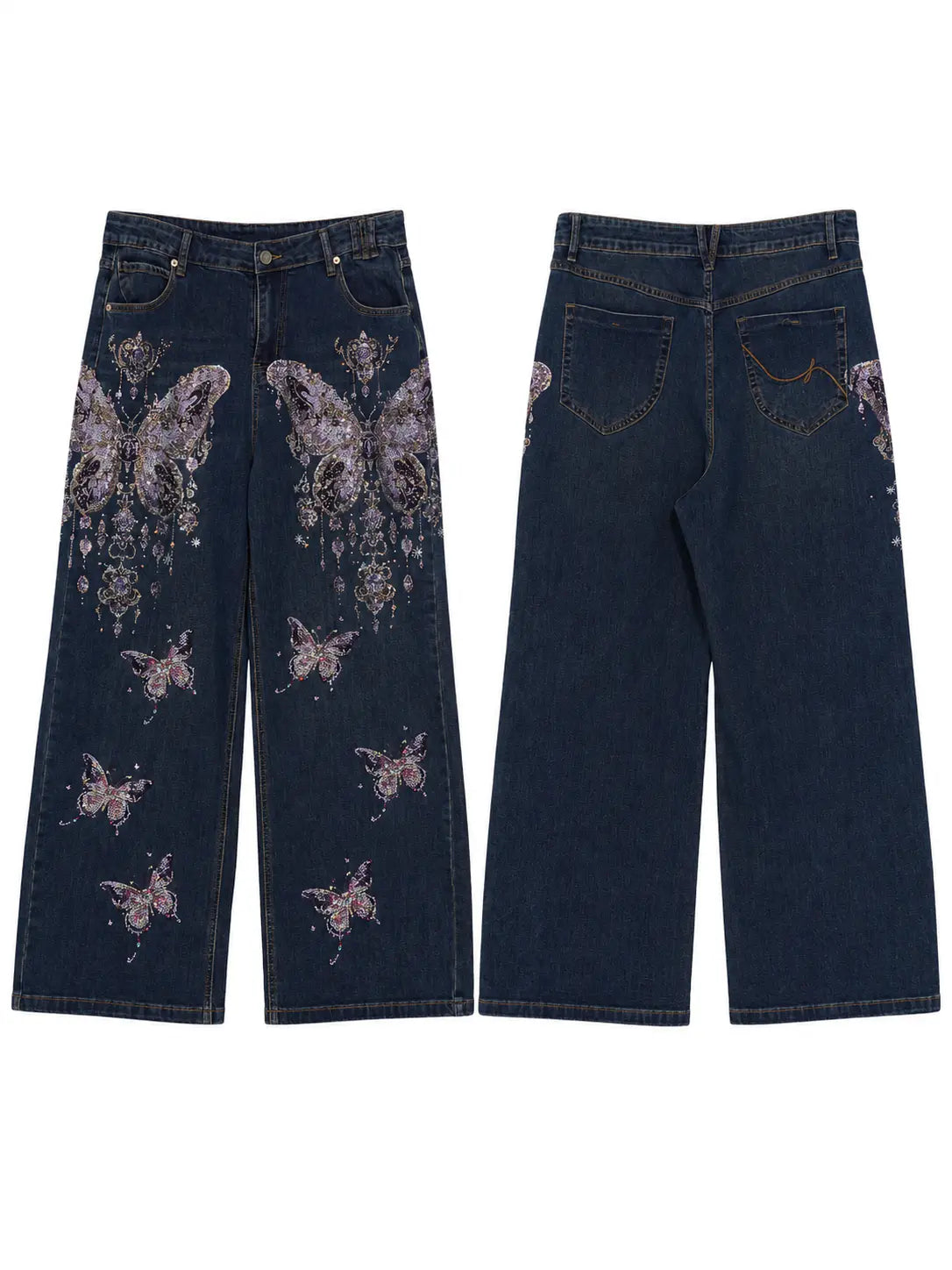 TCH Rhinestone Butterfly Charm Wide-Leg Denim Jeans - 5