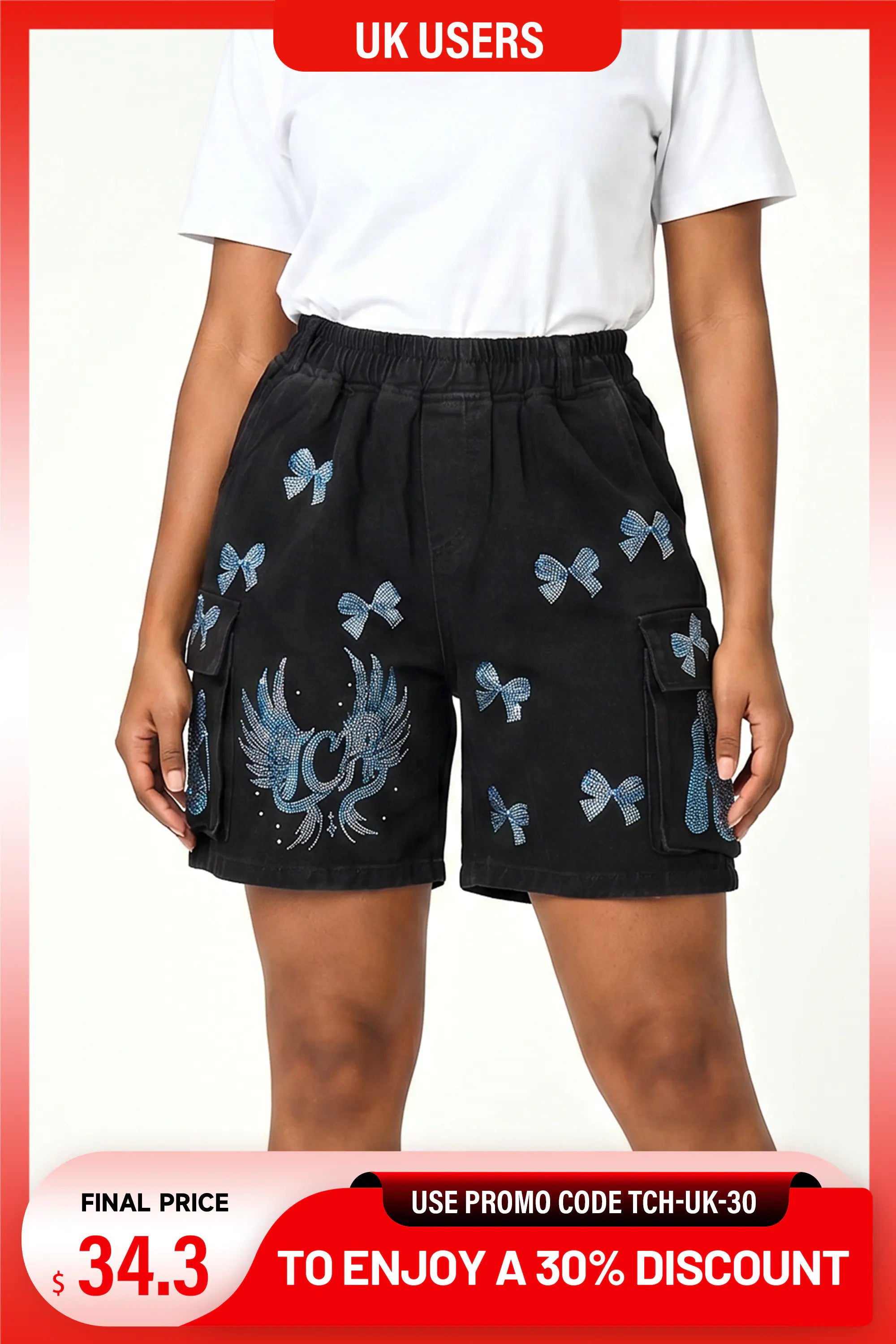 A person wearing black cargo shorts with blue bow and wing-like embroidery, paired with a white T-shirt, shown against a light gray studio background with promotional text banners. TCH Rhinestone Butterfly & Dragon Graphic Black Cargo Shorts