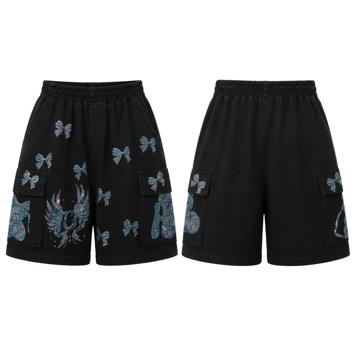 Black cargo shorts with blue dragon and bow patterns, shown from both front and back angles on a white background. TCH Rhinestone Butterfly & Dragon Graphic Black Cargo Shorts