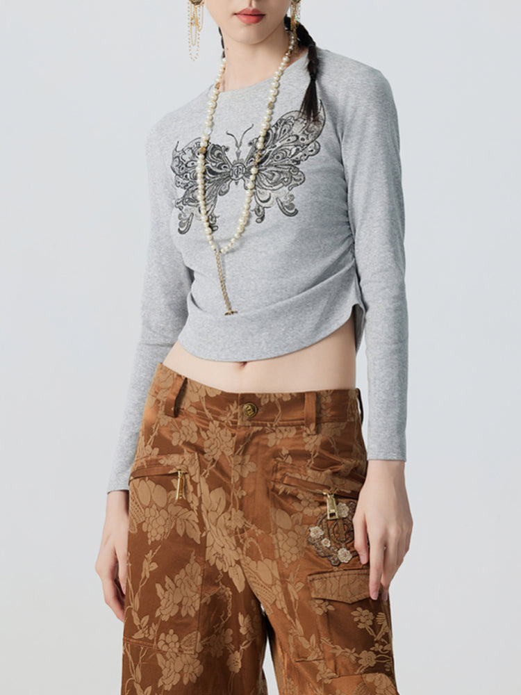 tch rhinestone butterfly drawstring waist crop top lightgray HighEnd Luxury Streetwear Brand Official Showcase