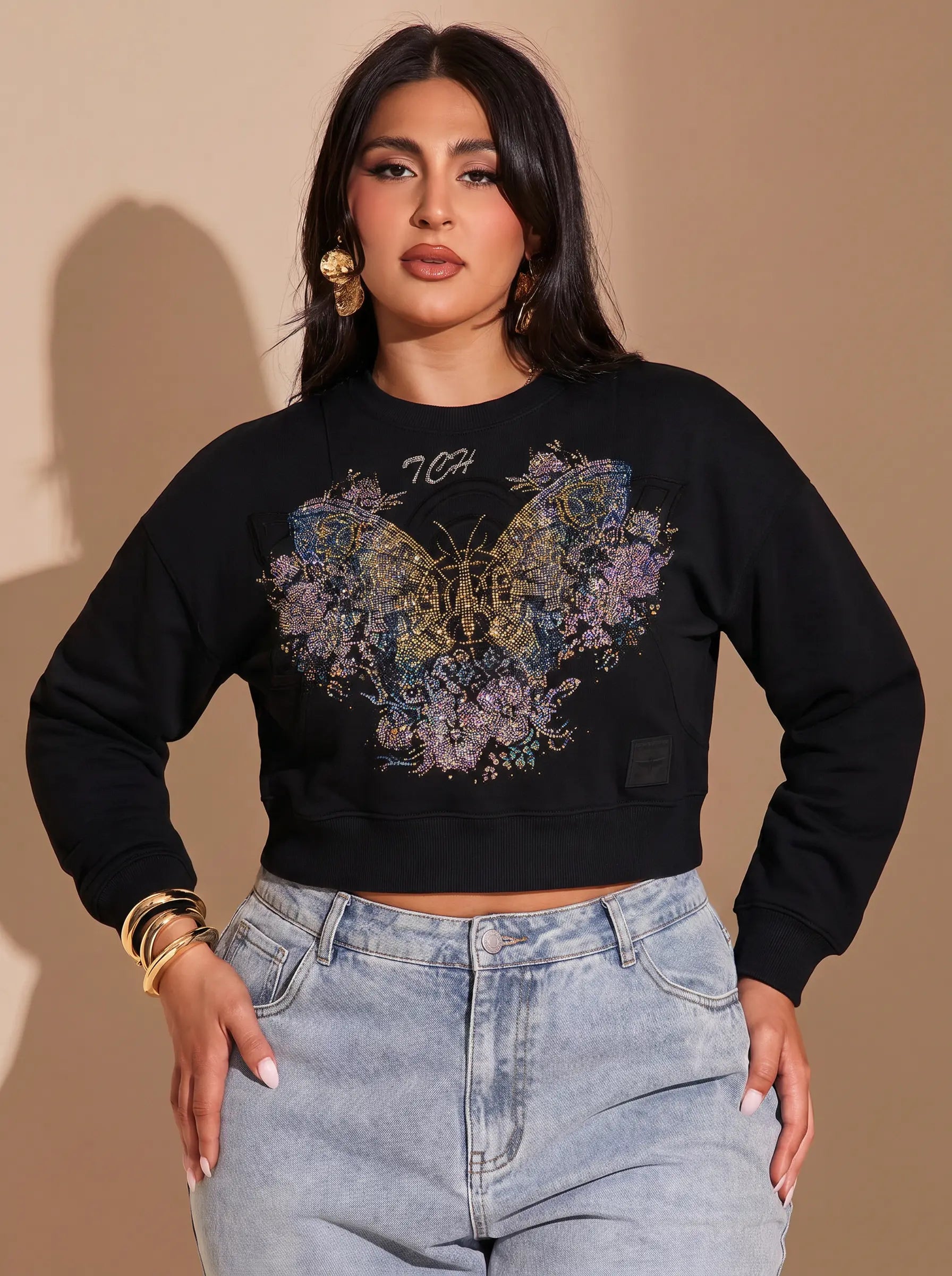 TCH Rhinestone Butterfly Floral Cropped Sweatshirt Luxury Streetwear Brand Official Showcase