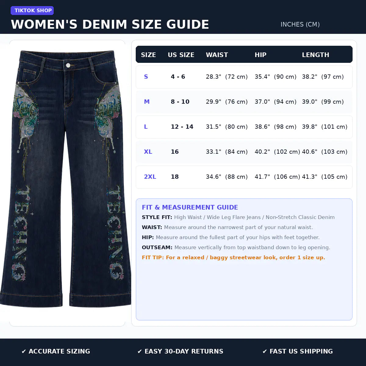 A women's denim size guide graphic showing a pair of dark blue denim jeans on the left, a size chart with measurements for S through 2XL, and fit/measurement guidance on the right. The image includes a TikTok Shop watermark. TCH Rhinestone Butterfly Graphic Wide-Leg Jeans