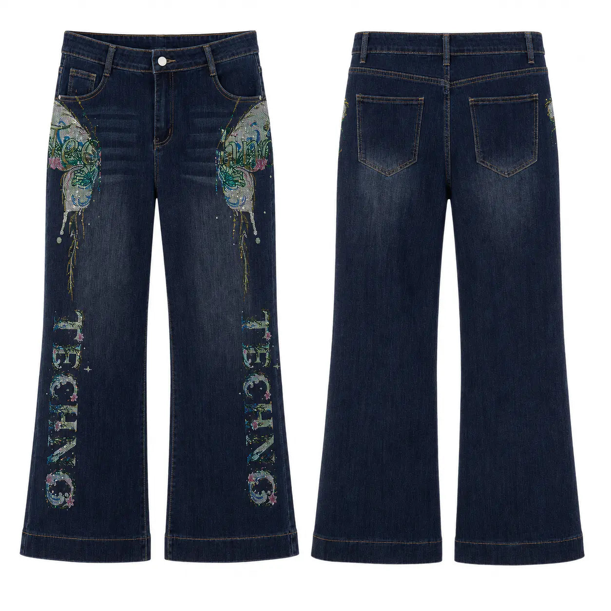Front and back views of dark blue wide-leg jeans featuring colorful butterfly and floral embroidery on the thighs and vertical 'TECHNO' text down the legs. TCH Rhinestone Butterfly Graphic Wide-Leg Jeans
