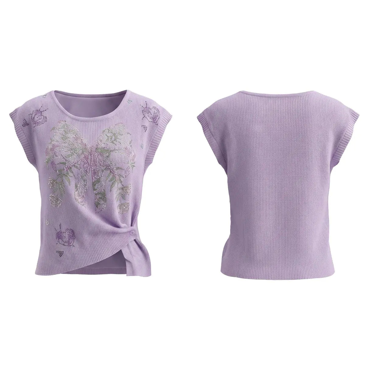 A light purple ribbed knit top shown from both front and back. The front features a floral bow graphic on the left side with a side tie detail, and the back is plain. TCH Rhinestone Butterfly Knit Twist Top