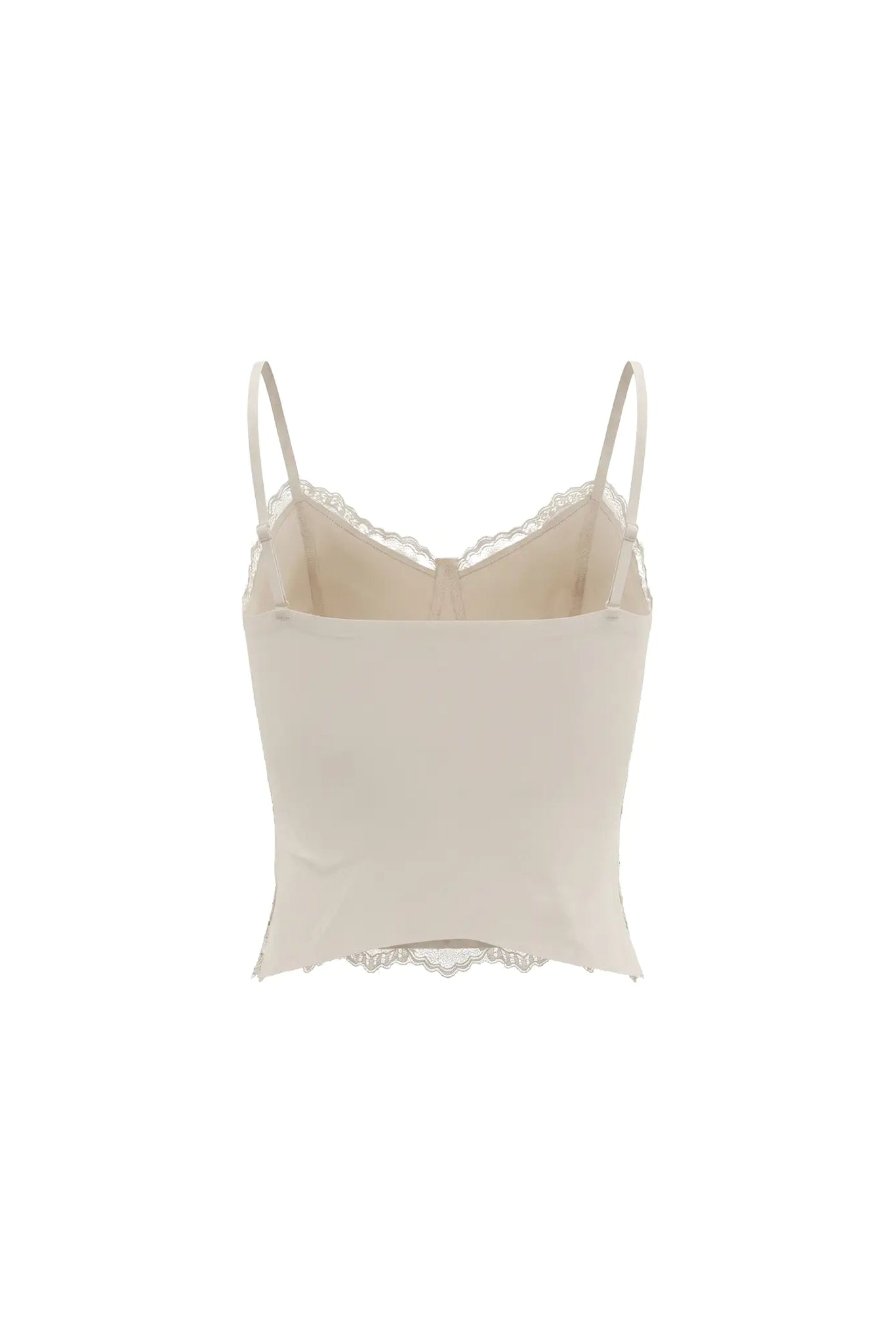 An off-white camisole crop top with thin spaghetti straps and delicate lace trim along the neckline and hem, shown against a plain white background. TCH Rhinestone Butterfly Lace Cami Top