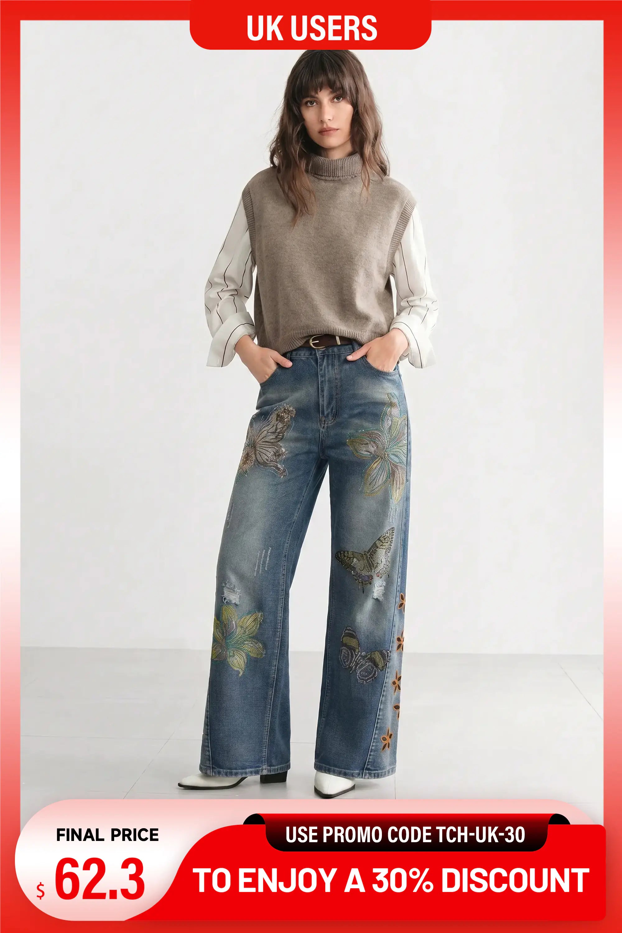 TCH Rhinestone Butterfly & Lily Distressed Denim Jeans Luxury Streetwear Brand Official Showcase