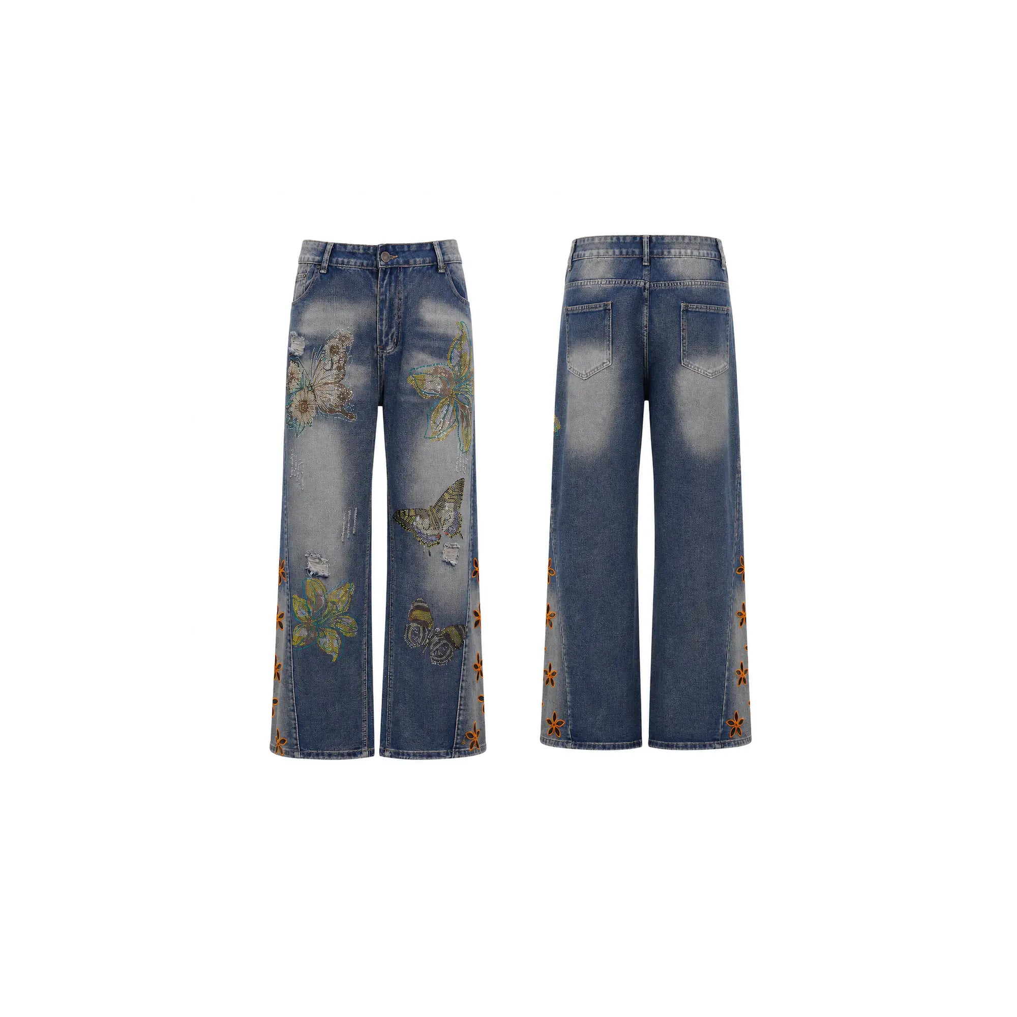 Pair of blue jeans with floral and butterfly patches on a white background, TCH Rhinestone Butterfly & Lily Distressed Denim Jeans