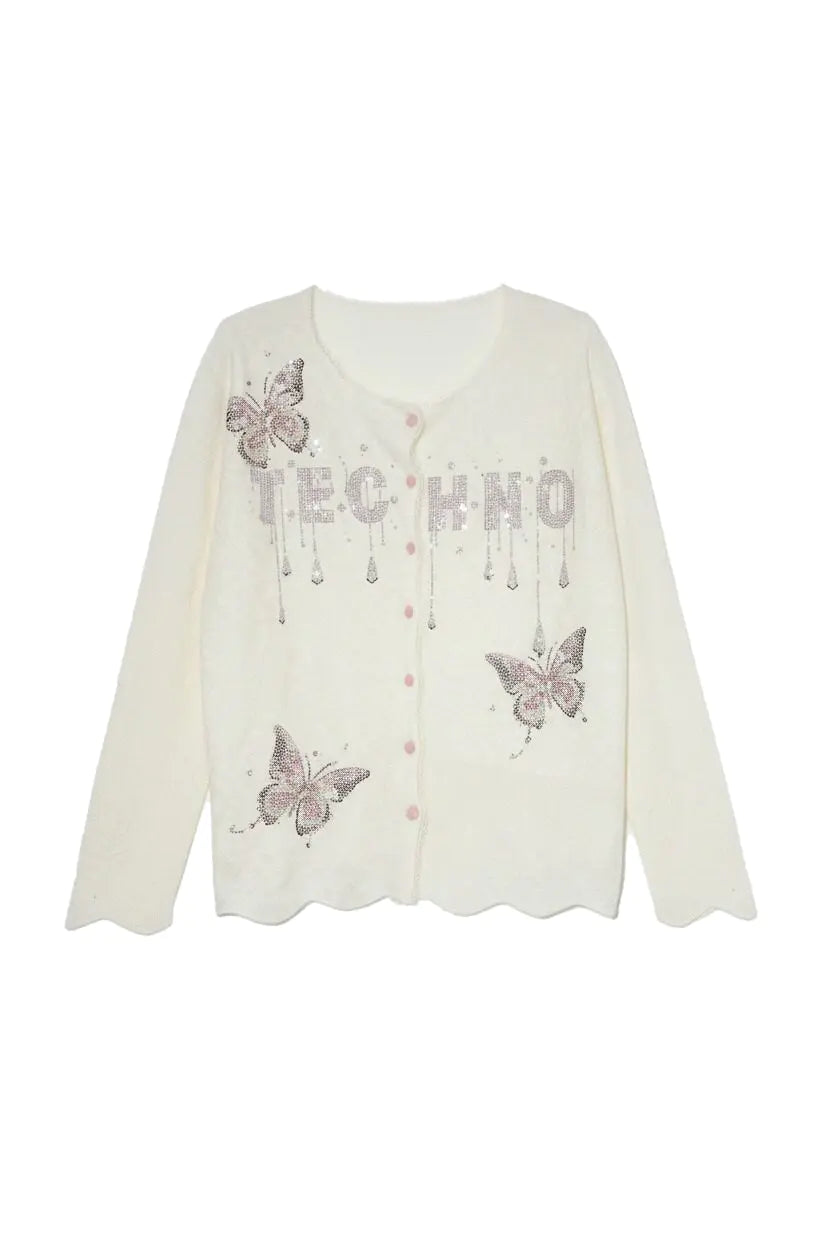 White cardigan with butterfly designs and 'TECHNO' text on a white background, TCH Rhinestone Butterfly Logo Knit Cardigan