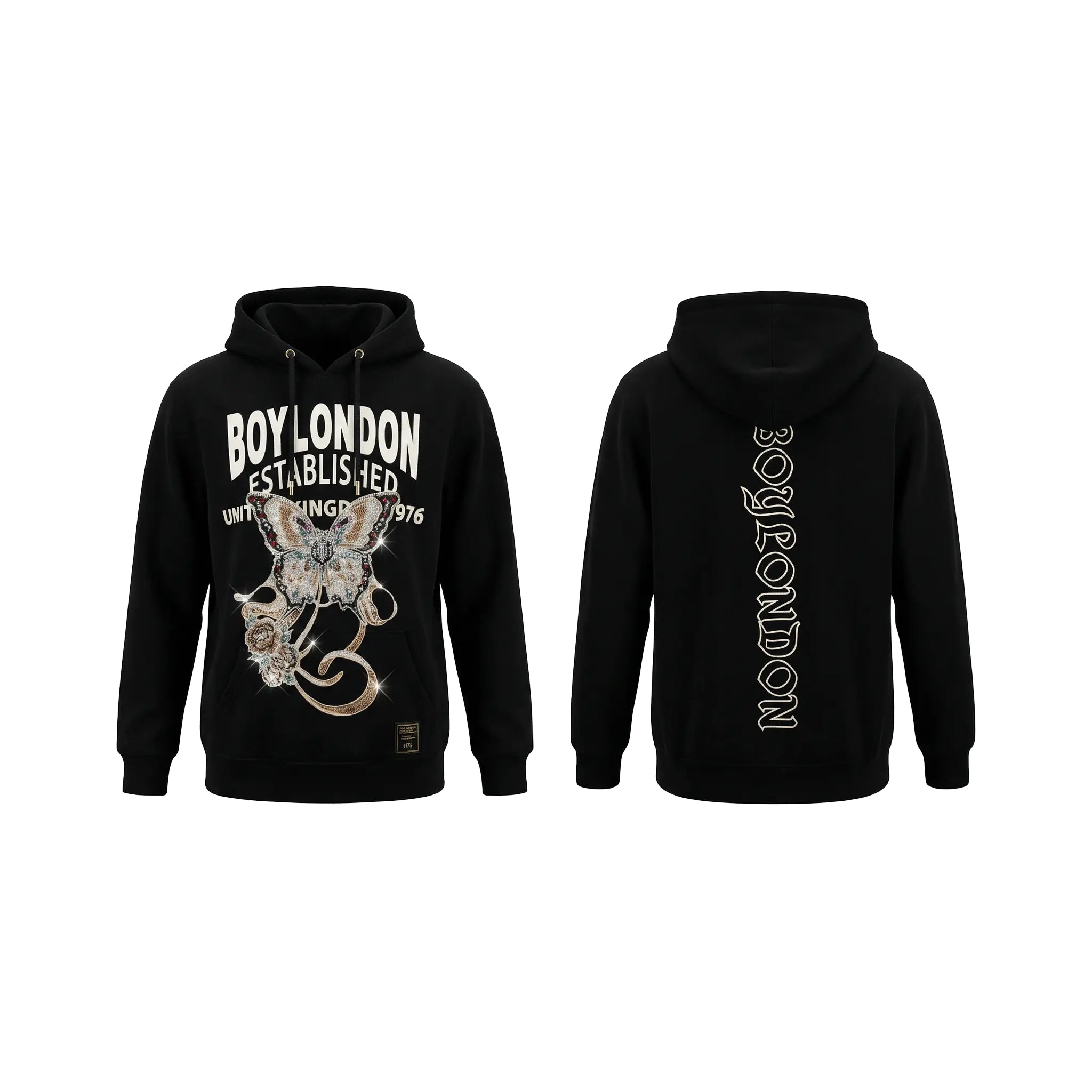 Brown sweatshirt with eagle design and 'BOY' text on a white background， TCH Rhinestone Butterfly & Peony Embroidered Hoodie