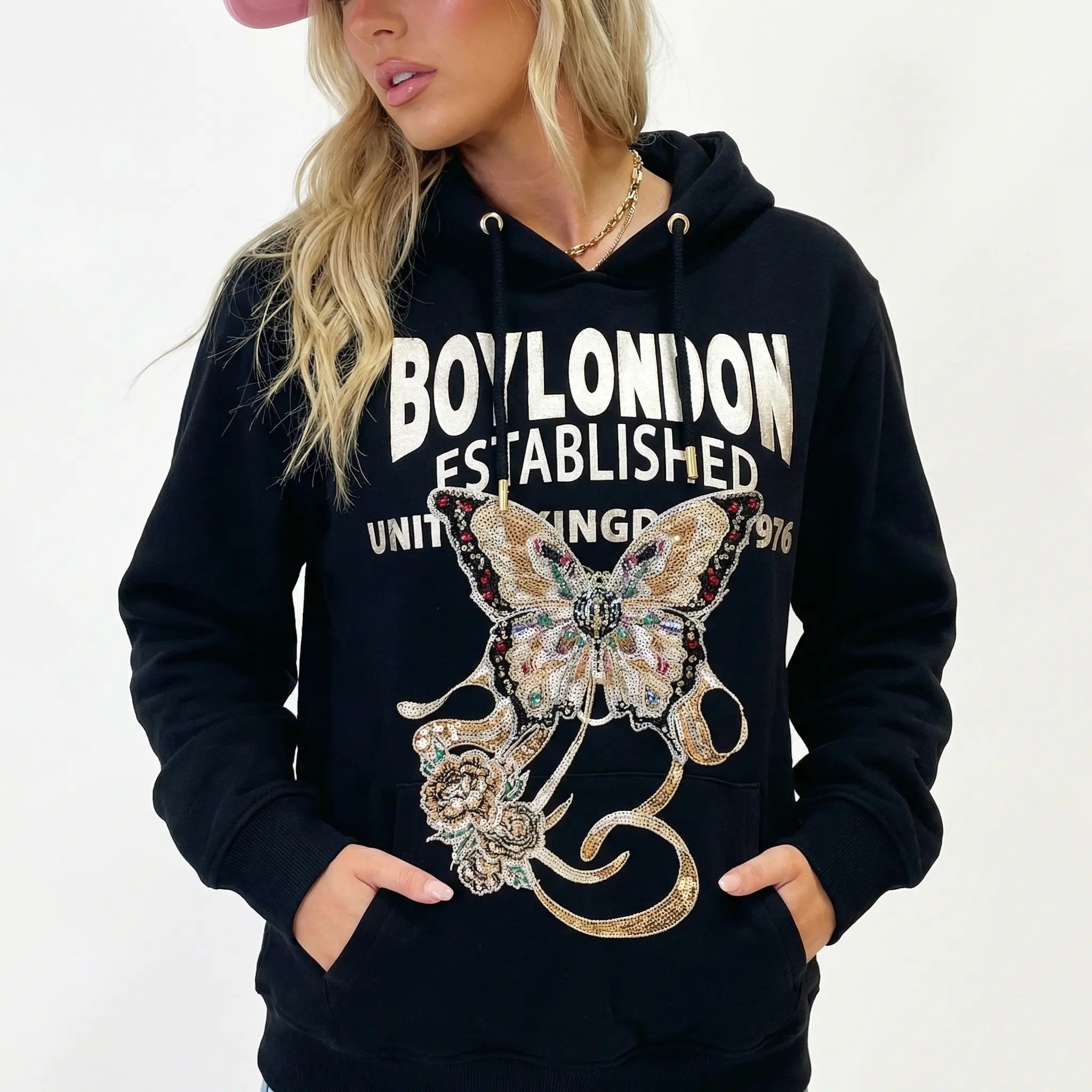 Black hoodie with 'Boy London' text and butterfly design on a white background， TCH Rhinestone Butterfly & Peony Embroidered Hoodie