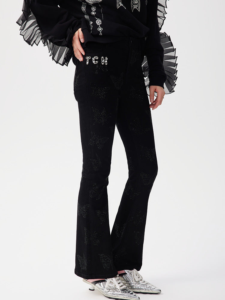 tch rhinestone butterfly print slim flare trousers jeans black HighEnd Luxury Streetwear Brand Official Showcase