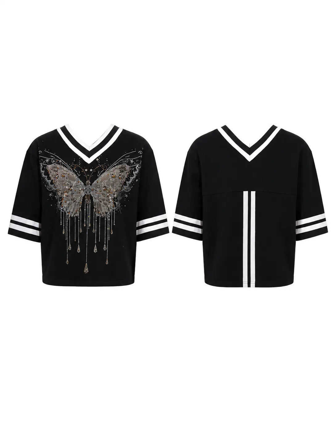 Two black short-sleeve V-neck crop tops with white striped trim, shown side by side on a white background. The left top features a large glittery butterfly graphic with dangling rhinestone details on the front, while the right top has two vertical white stripes on the front. TCH Rhinestone Butterfly V-Neck Oversized Baseball T-Shirt