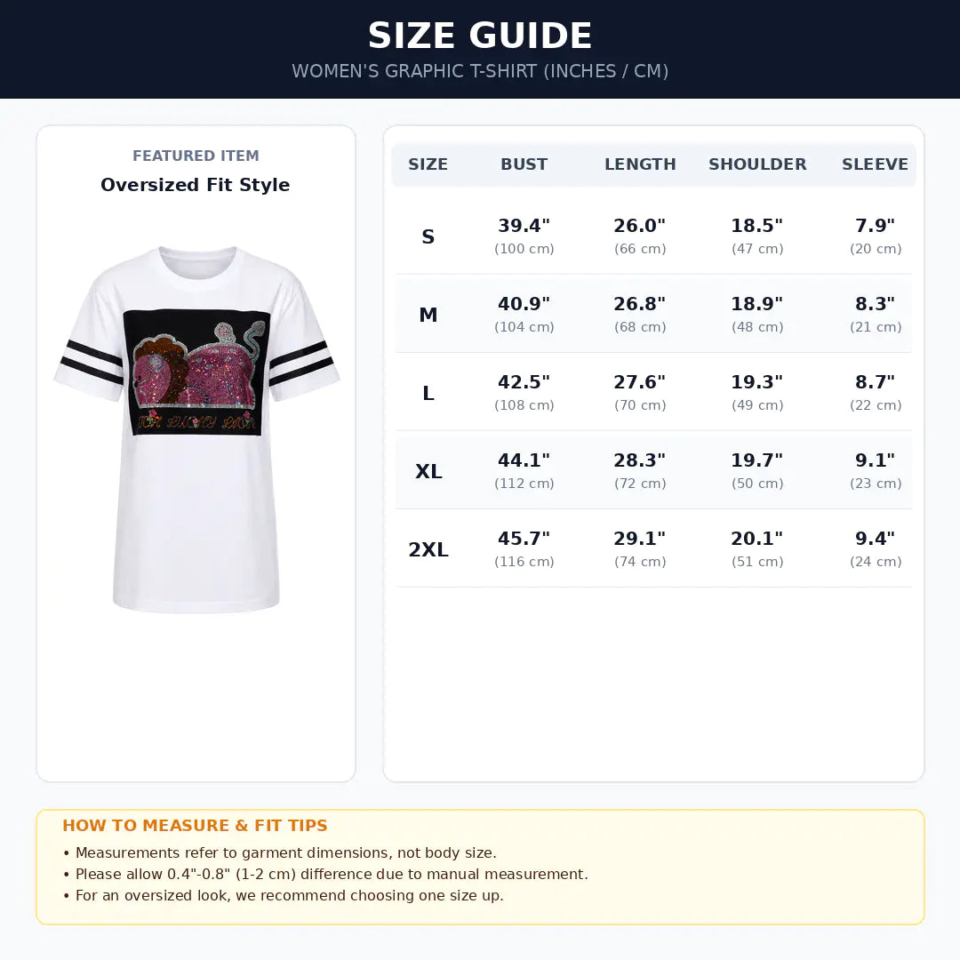 A size guide chart for women's graphic T-shirts showing measurements in inches and centimeters for sizes S through 2XL, alongside a small preview of an oversized white graphic T-shirt. Includes fit tips at the bottom. TCH Rhinestone Cartoon Pig Graphic Baseball T-Shirt