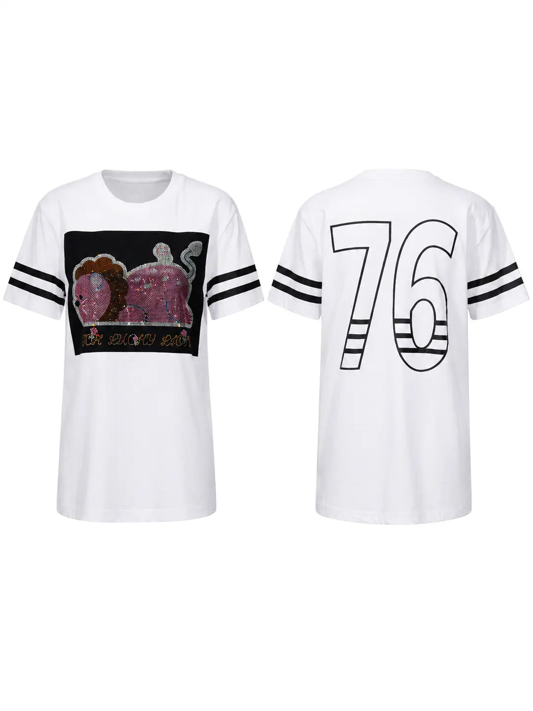 White short-sleeve t-shirt shown from both front and back. The front features a black rectangular graphic with a pink sequined lion and the text 'BE SILENT LOVE'. TCH Rhinestone Cartoon Pig Graphic Baseball T-Shirt