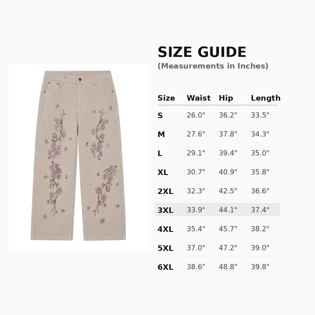 A size guide graphic showing a pair of light beige cropped pants with pink floral embroidery on the left, alongside a measurement table with waist, hip, and length measurements in inches for sizes S through 6XL. TCH Rhinestone Cherry Blossom Straight-Leg Jeans