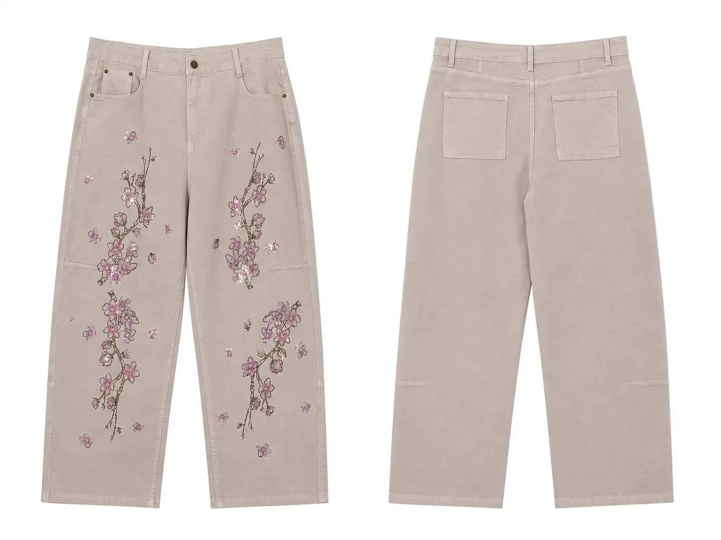 A pair of light beige cropped pants shown from both the front and back. The front features pink and purple floral embroidery with small butterfly details on the left leg and right thigh. TCH Rhinestone Cherry Blossom Straight-Leg Jeans