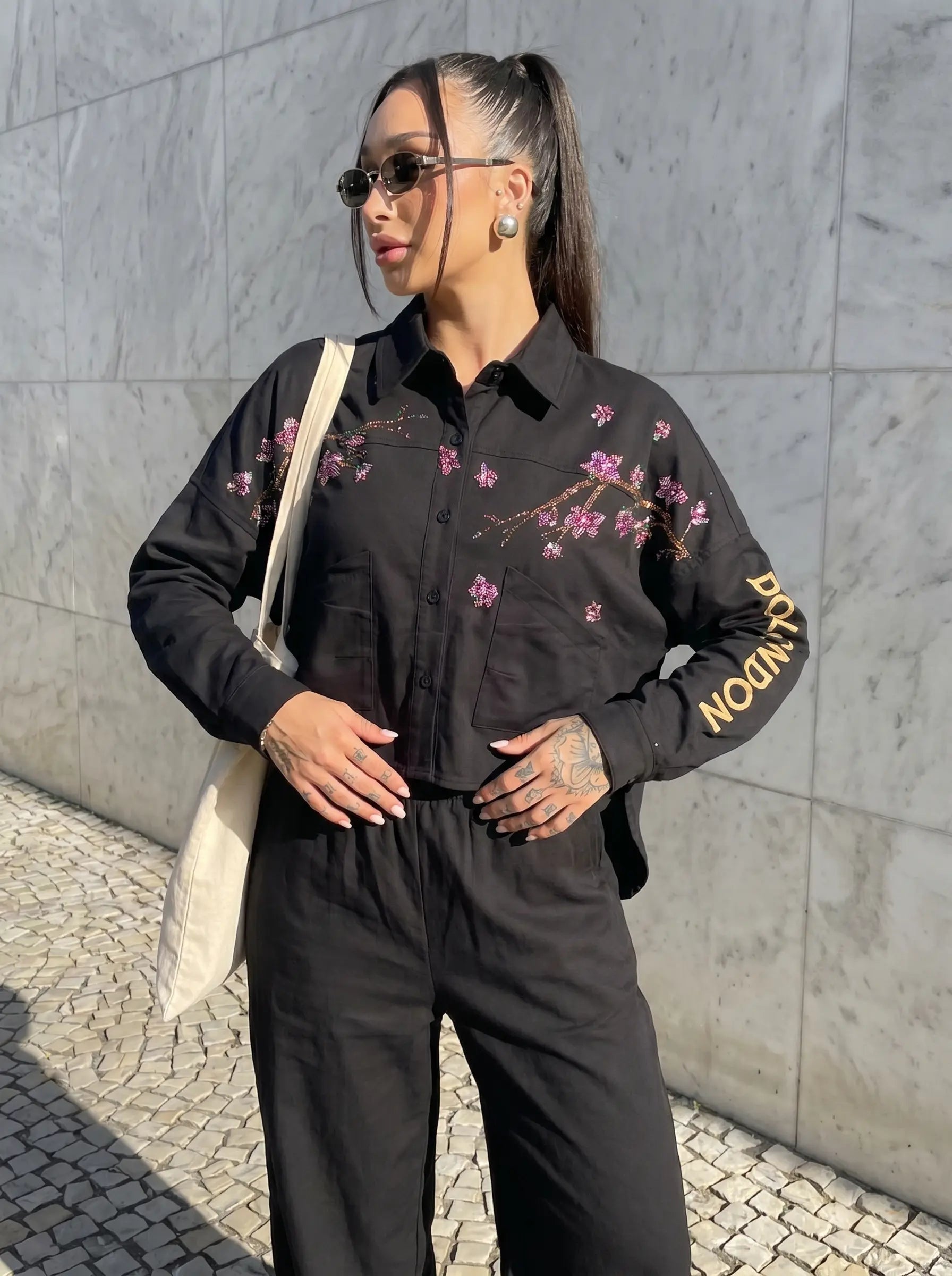 TCH Rhinestone Cherry Blossom Utility Shirt Jacket TCH Rhinestone Cherry Blossom Utility Shirt Jacket