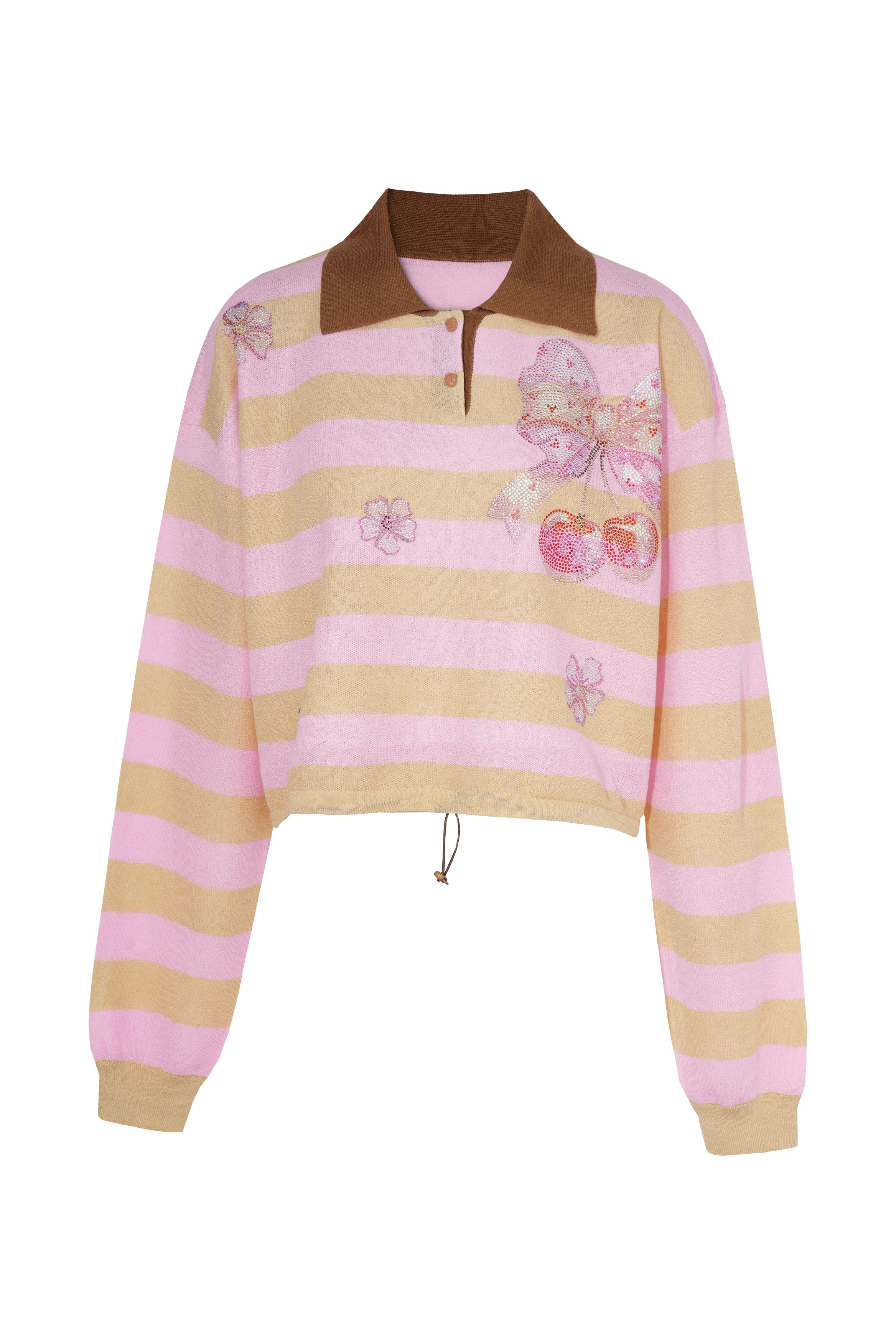 Striped sweater with floral embellishments on a white background, TCH Rhinestone Cherry Bow Pink Striped Polo Long Sleeve Shirt