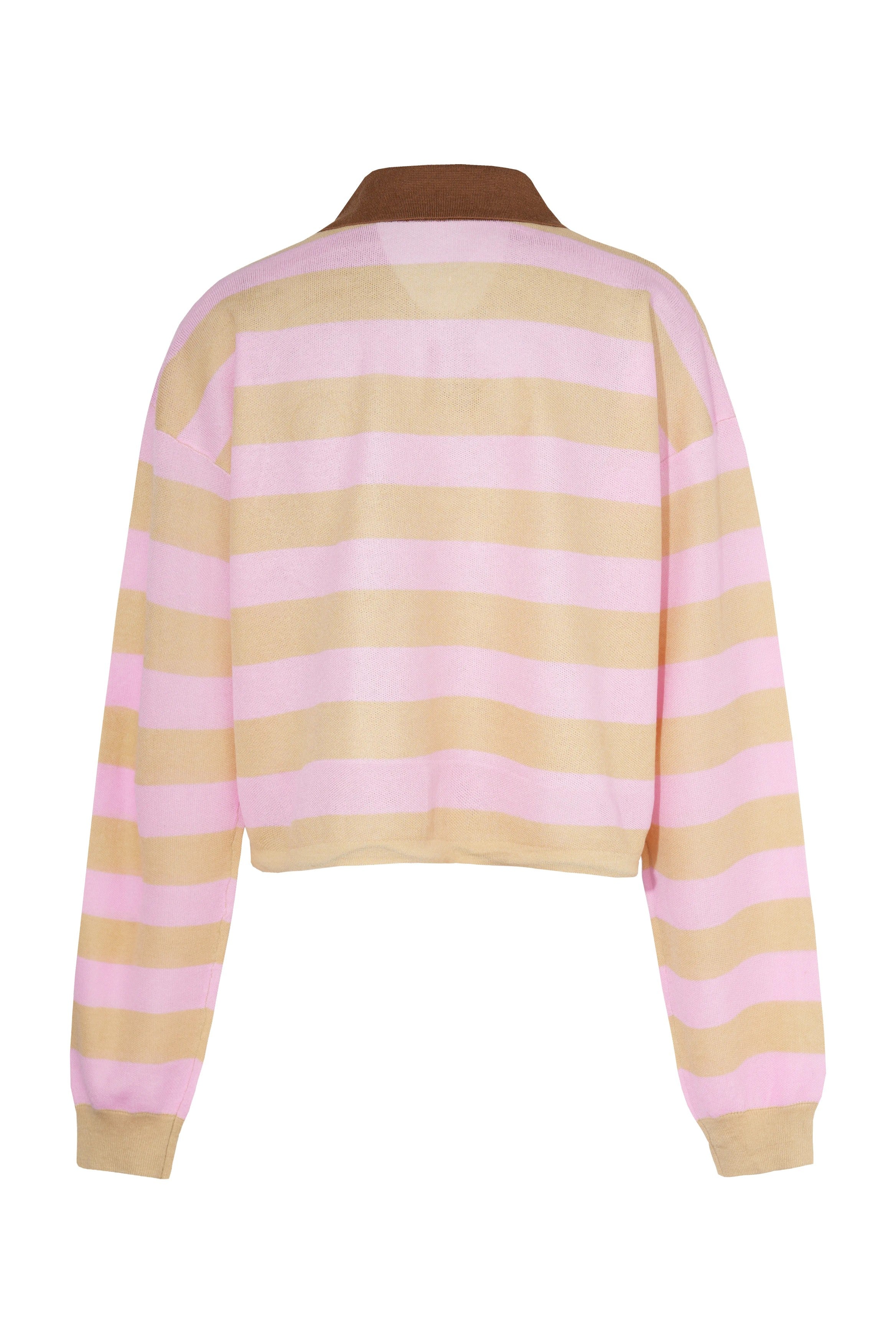 Striped sweater with pink and beige horizontal stripes on a white background, TCH Rhinestone Cherry Bow Pink Striped Polo Long Sleeve Shirt