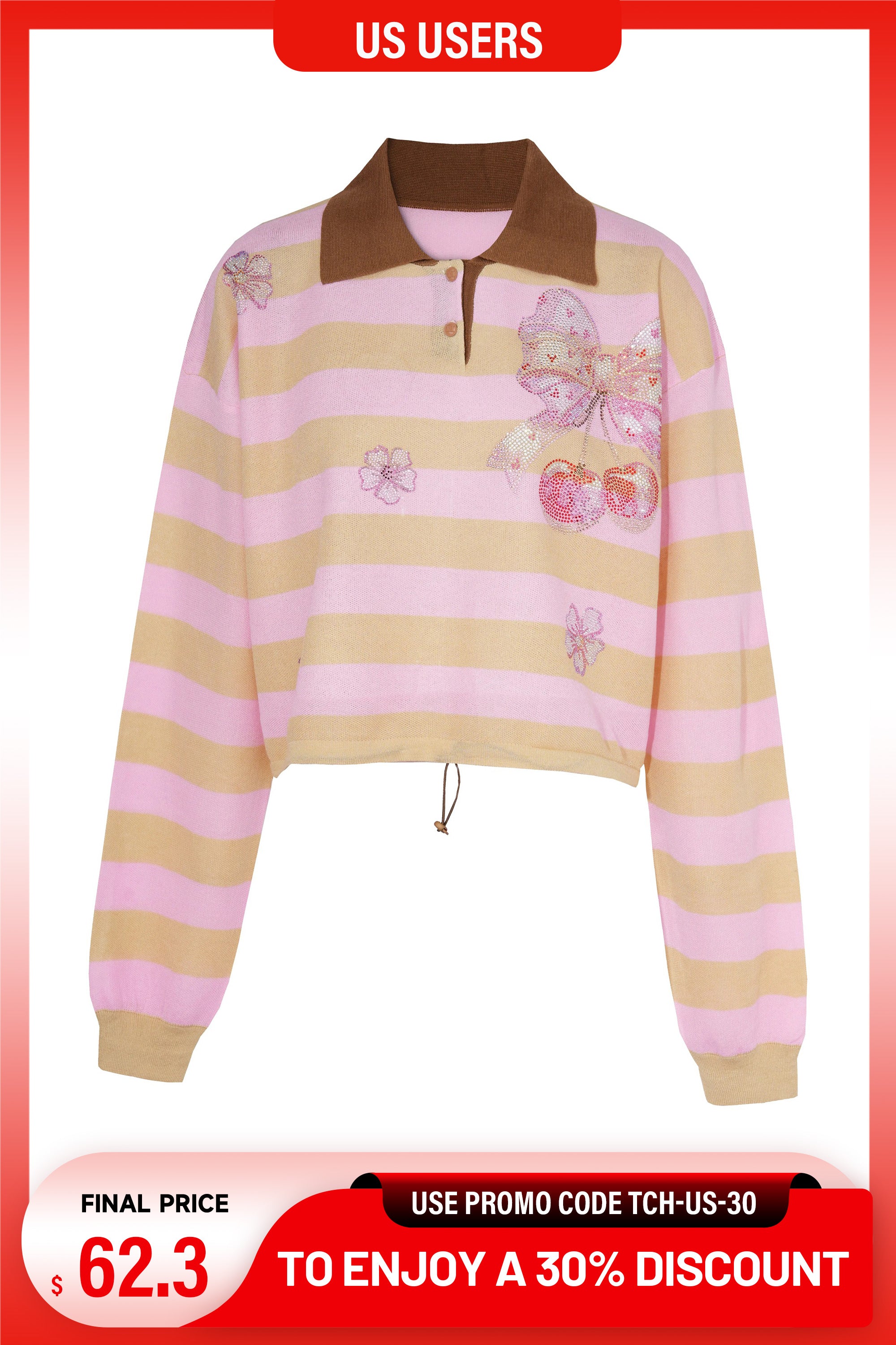 Striped sweater with floral designs on a promotional background, TCH Rhinestone Cherry Bow Pink Striped Polo Long Sleeve Shirt