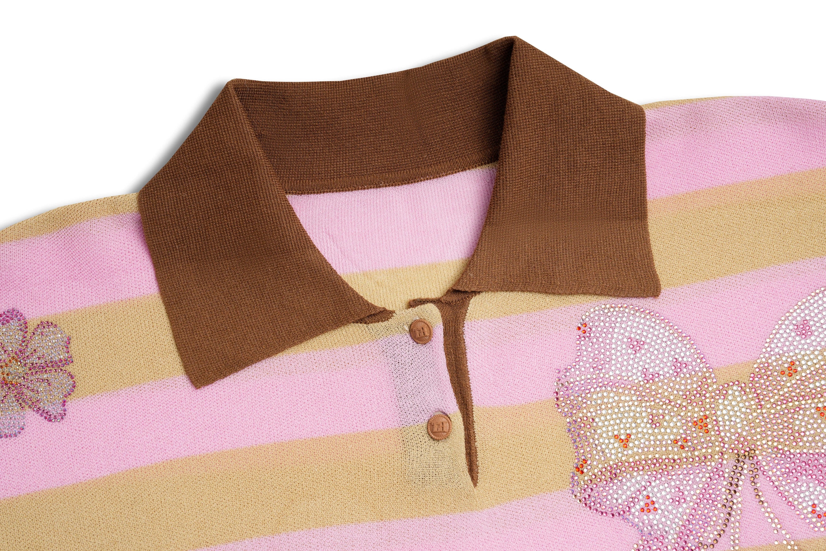 Close-up of a striped shirt with a brown collar and floral embroidery on a white background, TCH Rhinestone Cherry Bow Pink Striped Polo Long Sleeve Shirt