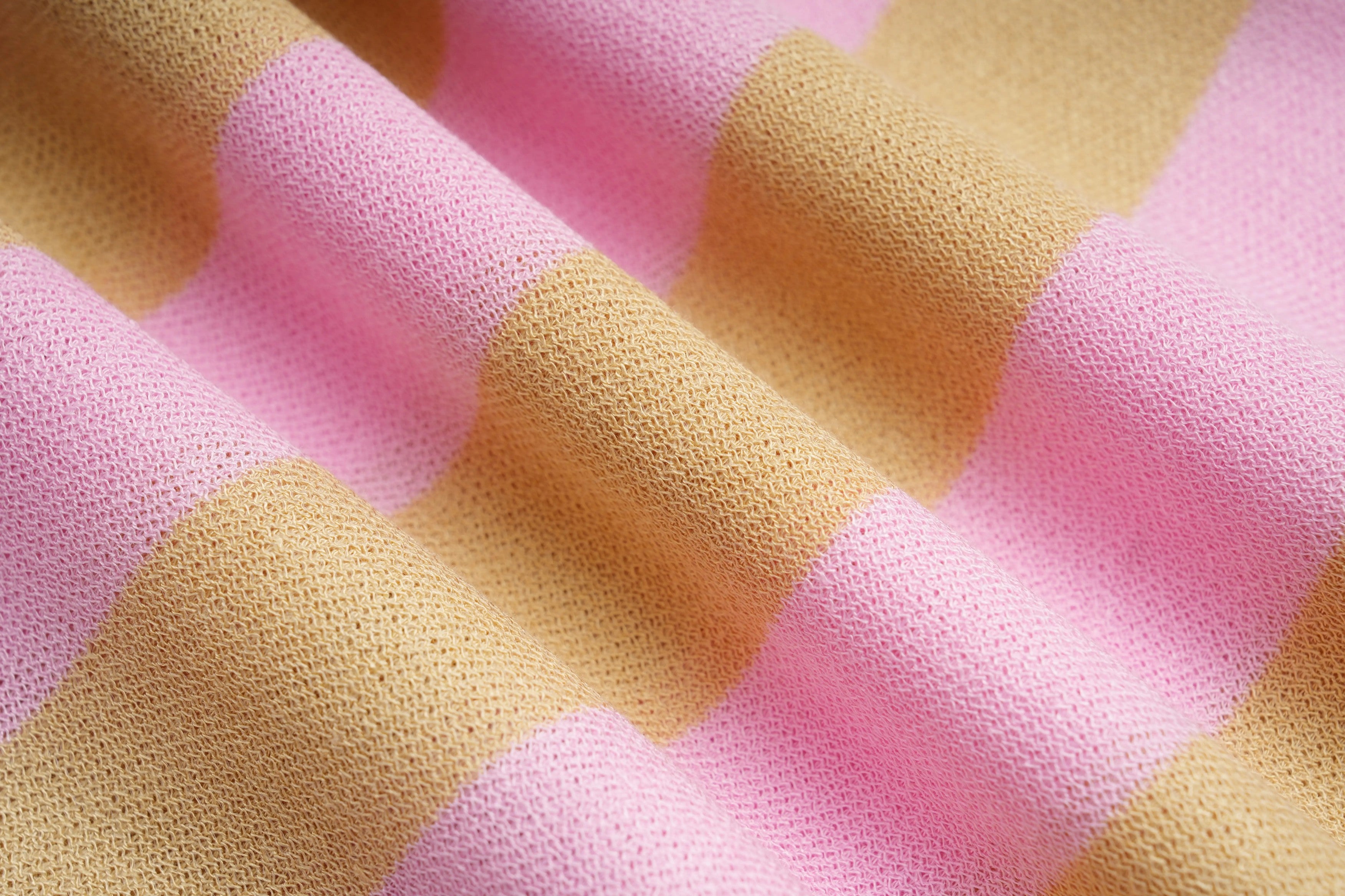 Close-up of pink and beige striped fabric texture, TCH Rhinestone Cherry Bow Pink Striped Polo Long Sleeve Shirt