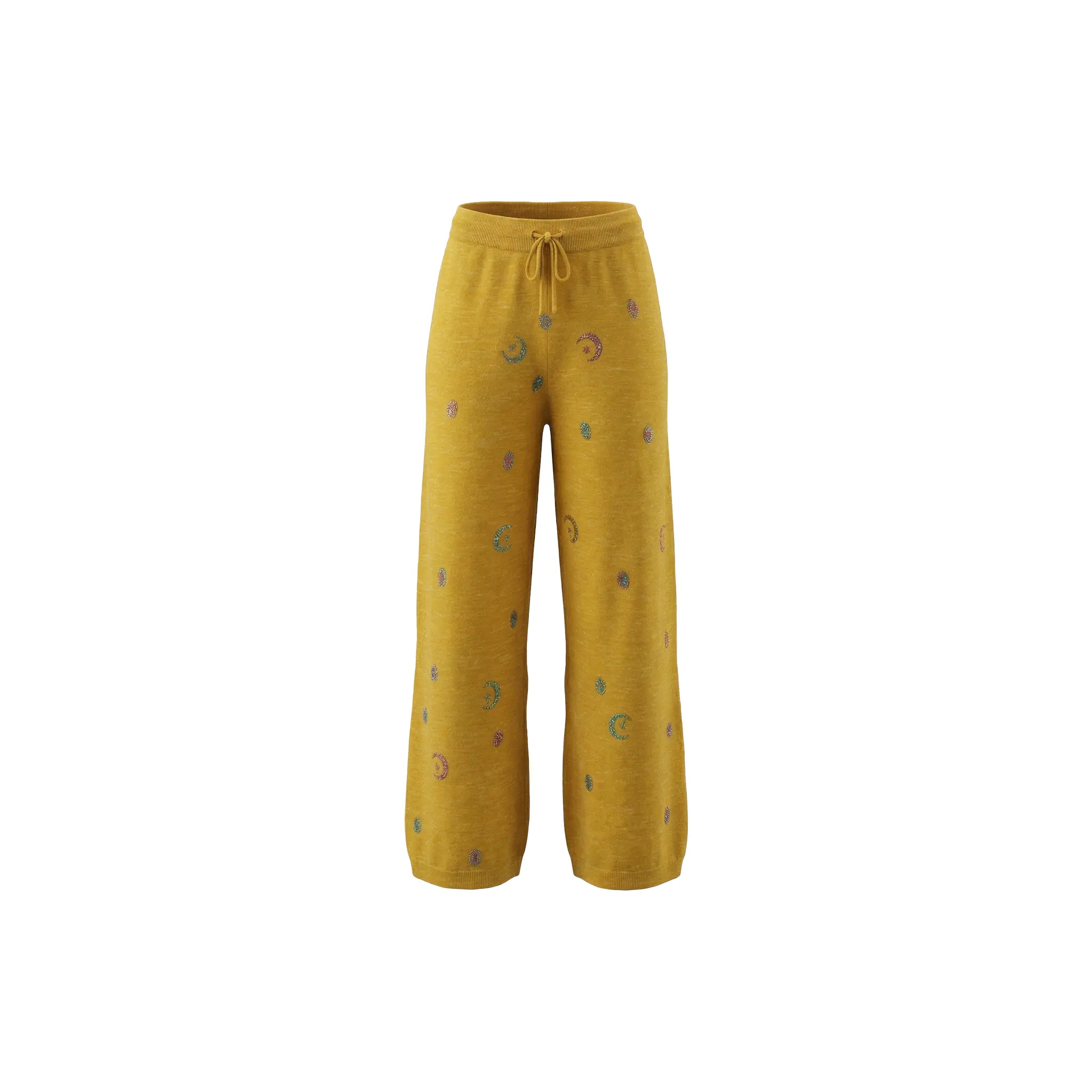 Mustard yellow pants with a subtle pattern on a white background, TCH Rhinestone Chihuahua Galaxy Set
