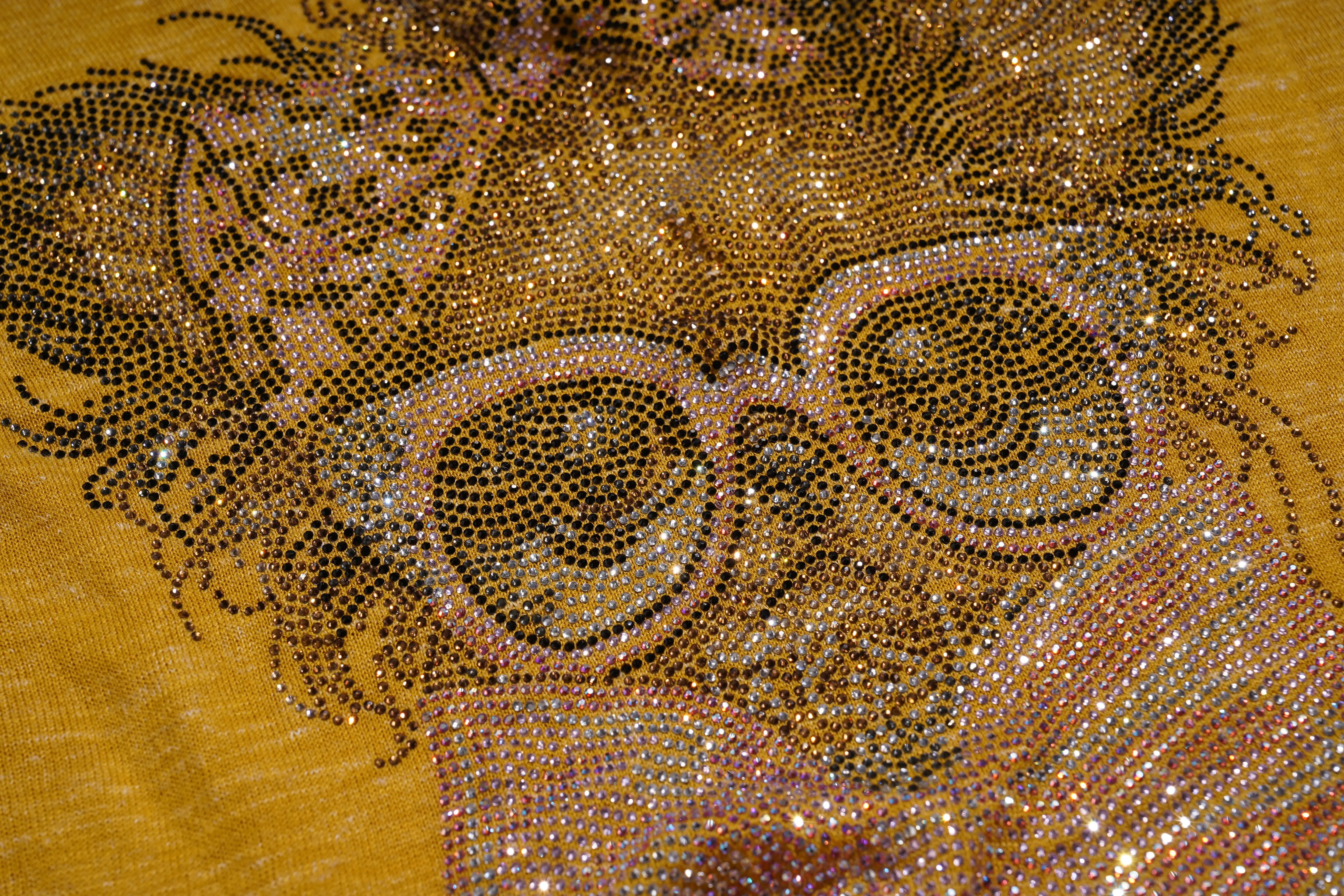 Close-up of a person's face with glasses made entirely of rhinestones on a yellow background. TCH Rhinestone Chihuahua Galaxy Set