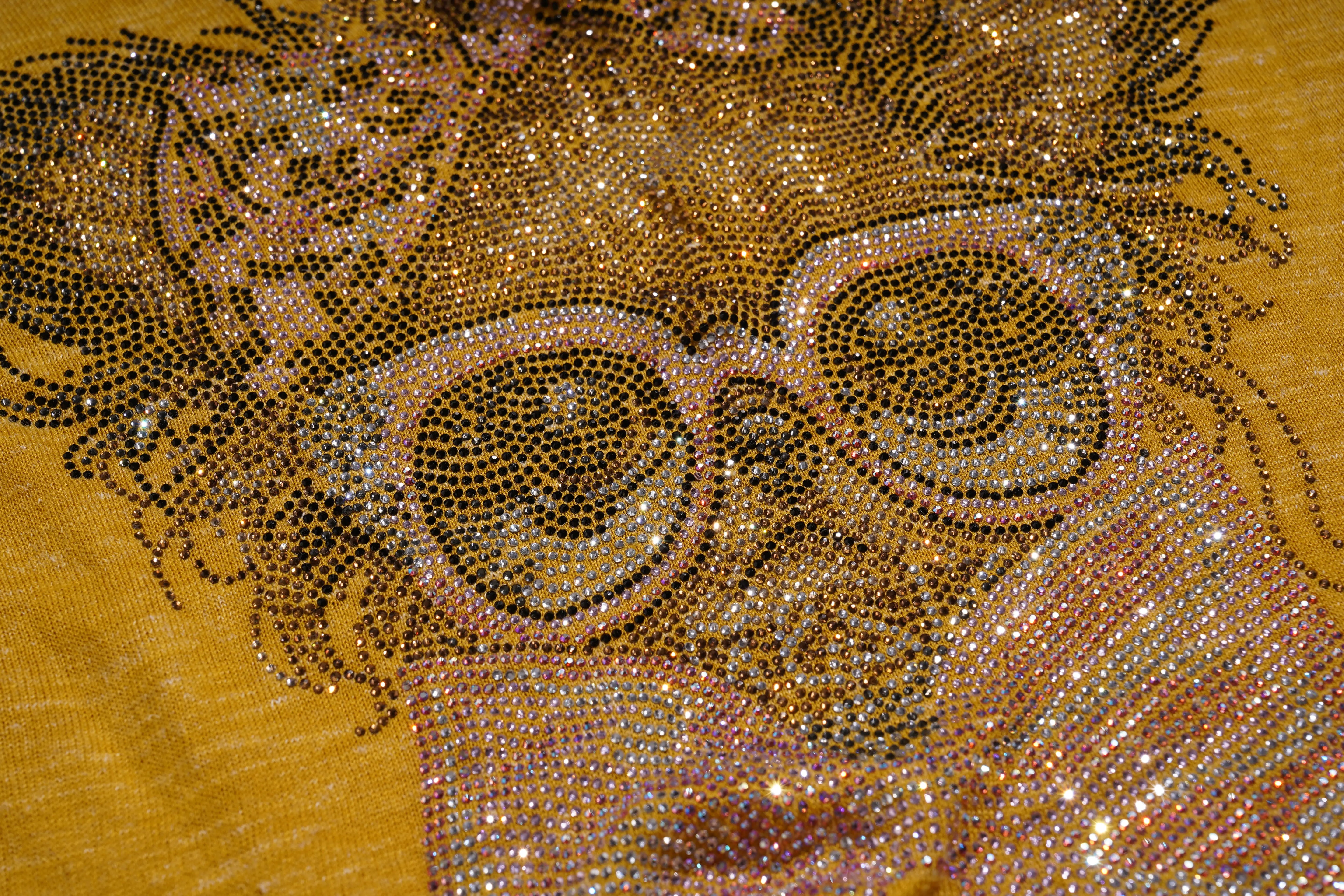 Close-up of a face made from rhinestones on a yellow background, TCH Rhinestone Chihuahua Galaxy Set