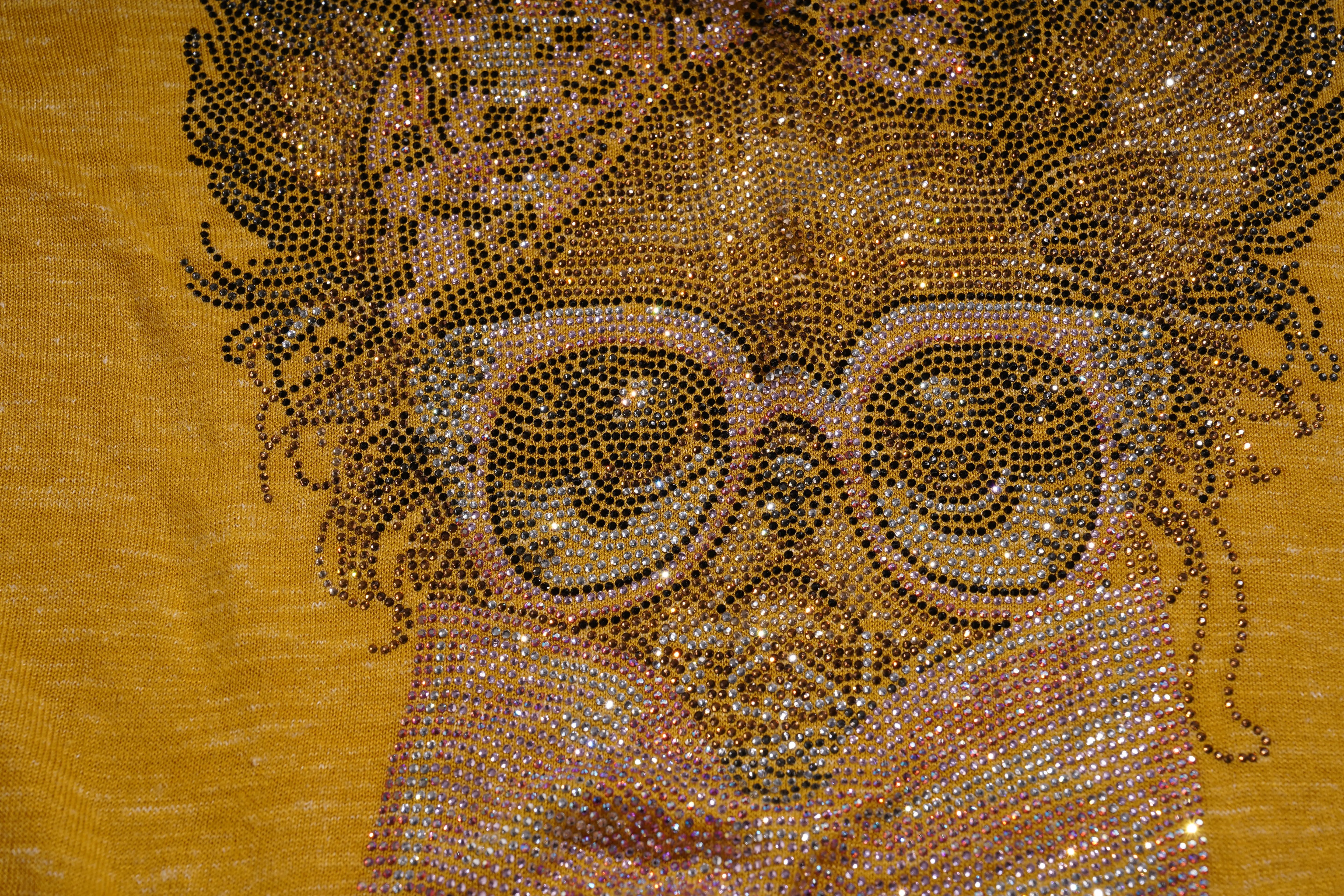 Close-up of a person wearing glasses with a decorative pattern on a yellow background, TCH Rhinestone Chihuahua Galaxy Set