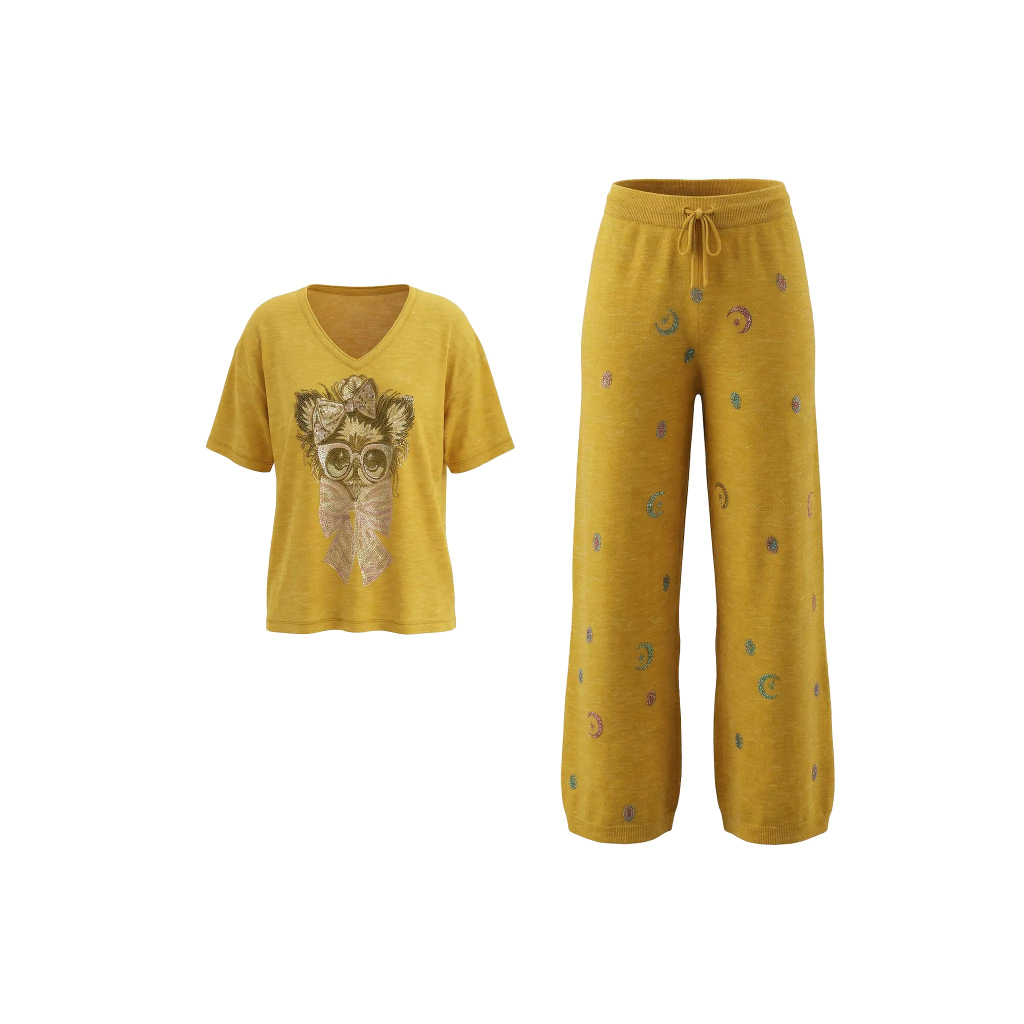 Yellow t-shirt and pants set with a design on the shirt against a white background. TCH Rhinestone Chihuahua Galaxy Set