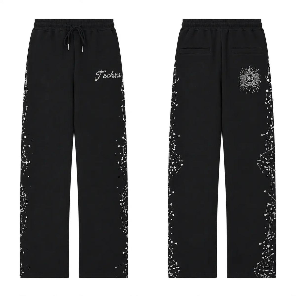 Black sweatpants shown from the front and back, featuring white celestial constellation prints down the sides, a white sun-and-moon emblem on the back pocket, and 'Feathers' embroidered in white on the front thigh. TCH Rhinestone Constellation Straight-Leg Sweatpants