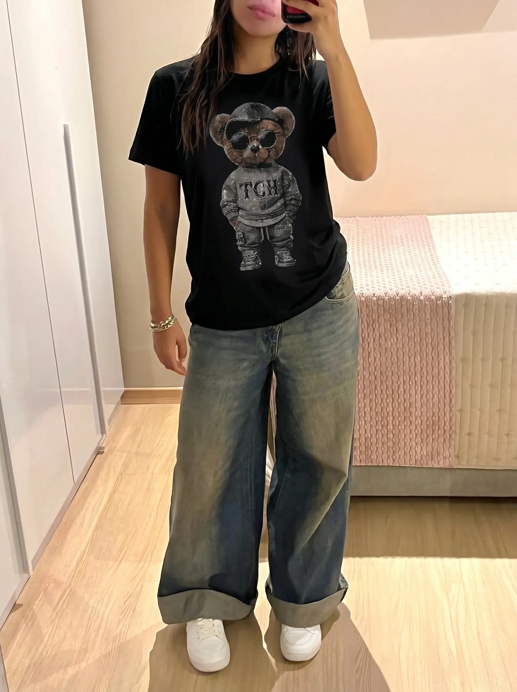 TCH Rhinestone Cool Bear Graphic Black T-Shirt Luxury Streetwear Brand Official Showcase