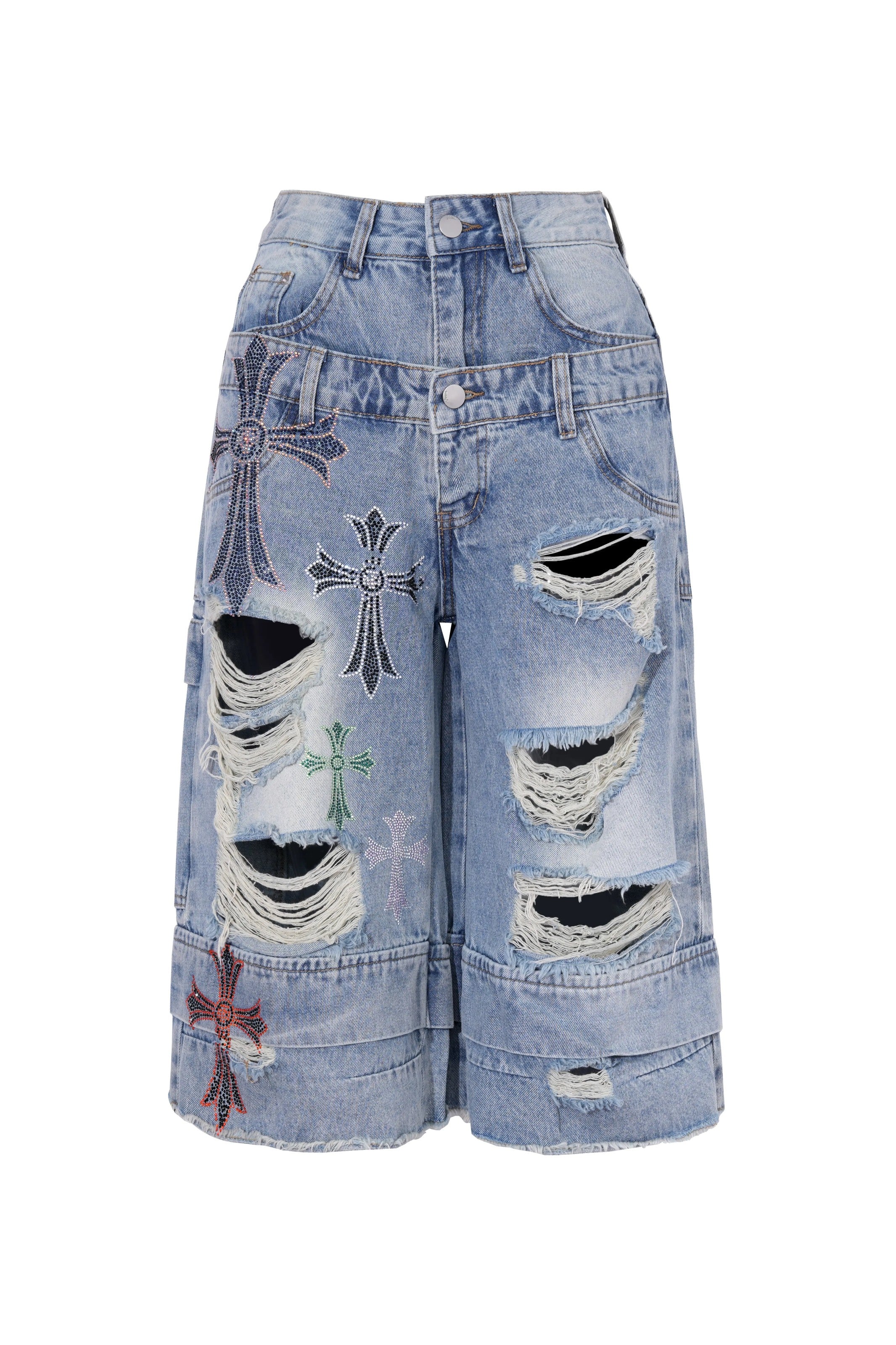 TCH Rhinestone Cross Distressed Cropped Jeans - 3