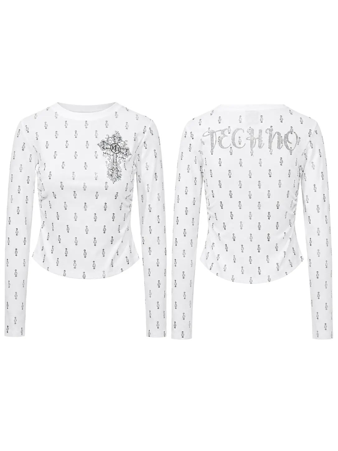 White long-sleeve crop top with a small silver cross and 'TECHNO' text on the front, shown in both front and back views against a plain white background. TCH Rhinestone Cross Graphic Fitted Long Sleeve Top