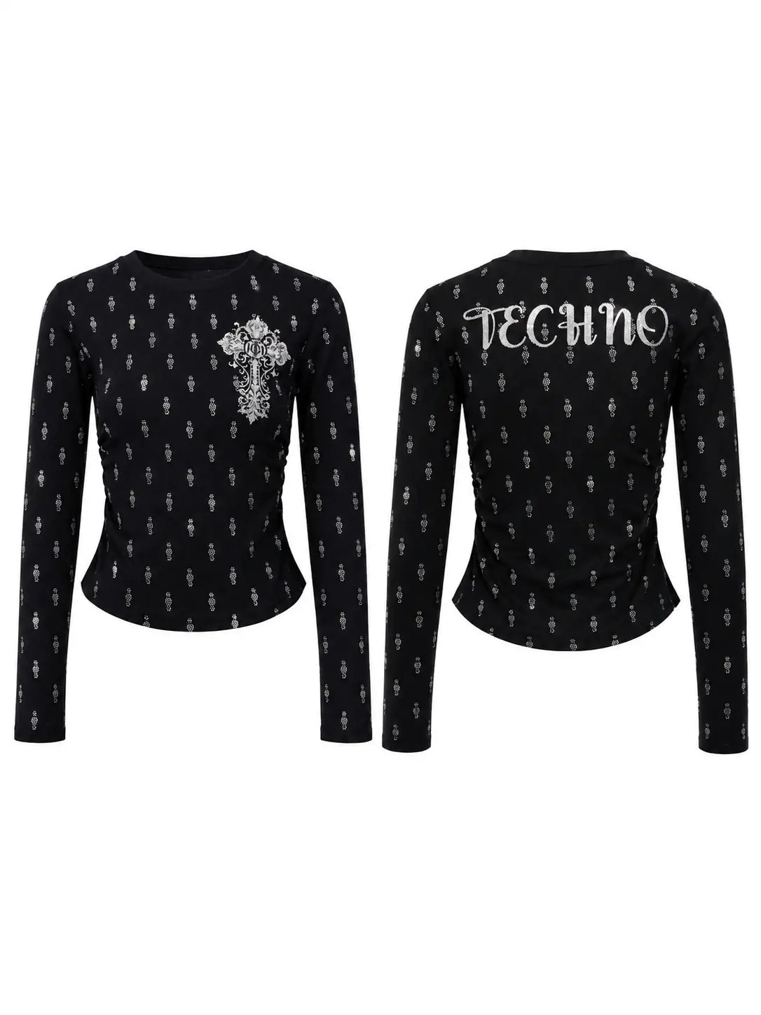 Black long-sleeve crop top with a repeating silver skull pattern, featuring a large silver cross embellishment on the front and the word 'TECHNO' in silver script across the back. TCH Rhinestone Cross Graphic Fitted Long Sleeve Top
