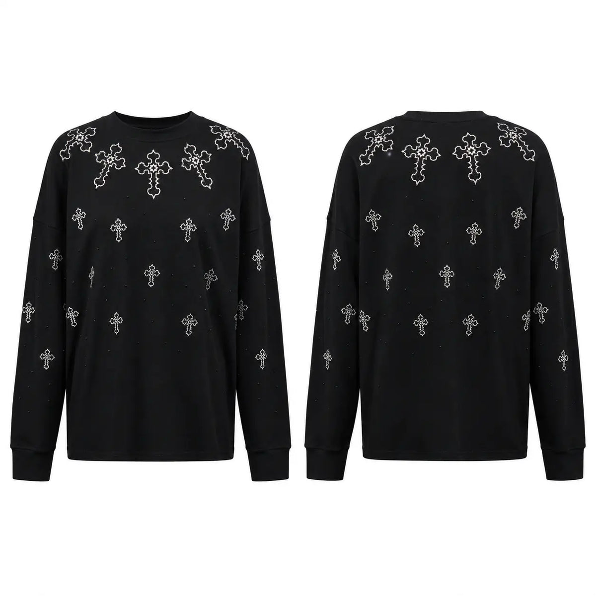 Black long-sleeve crewneck sweatshirt shown from both front and back views, featuring silver rhinestone-embellished crosses scattered across the front and back. TCH Rhinestone Cross Pattern Black Long Sleeve T-Shirt