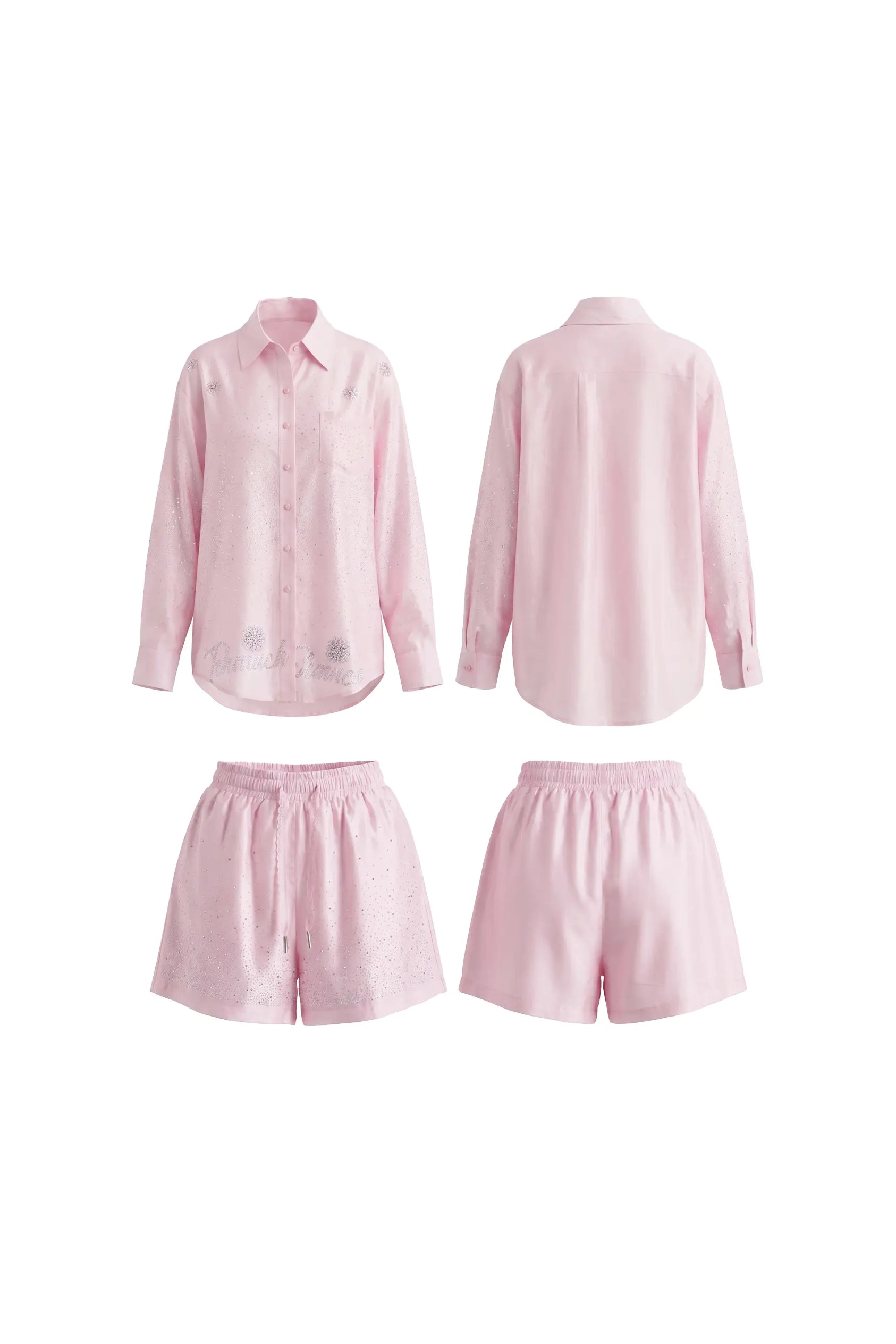A light pink two-piece loungewear set consisting of a long-sleeve button-up shirt and matching shorts, shown from both front and back views on a plain white background. TCH Rhinestone Crystal Embellished Pink Shirt & Shorts Set