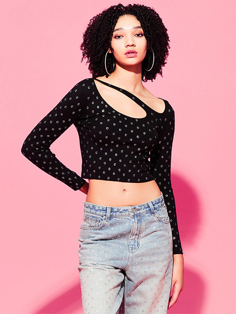 tch rhinestone cut out neck knit cropped top black HighEnd Luxury Streetwear Brand Official Showcase